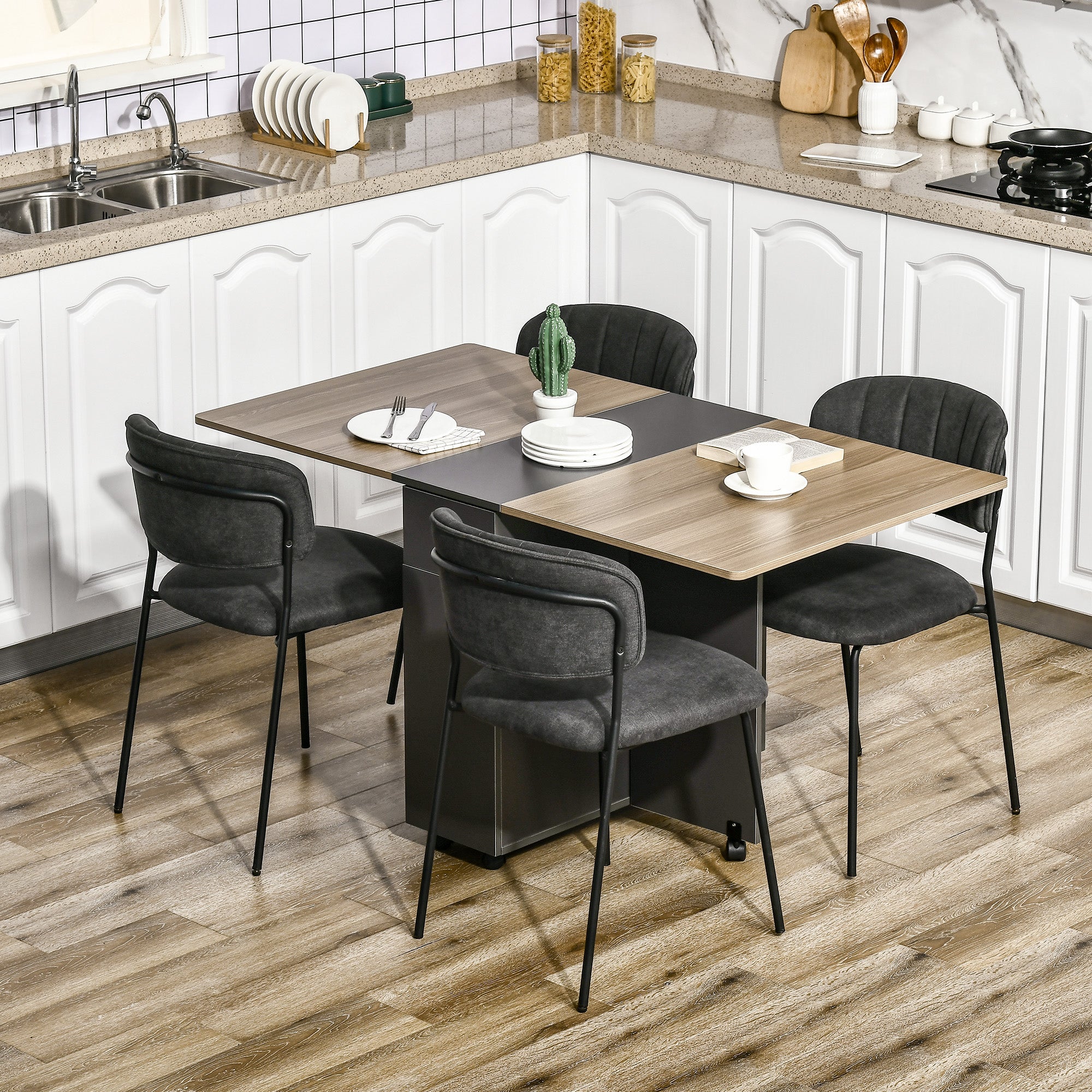 Table de salle à manger pliante sur roulettes avec rangement 2 tiroirs et 1 placard 76 x 140 x 74 cm gris et bois naturel