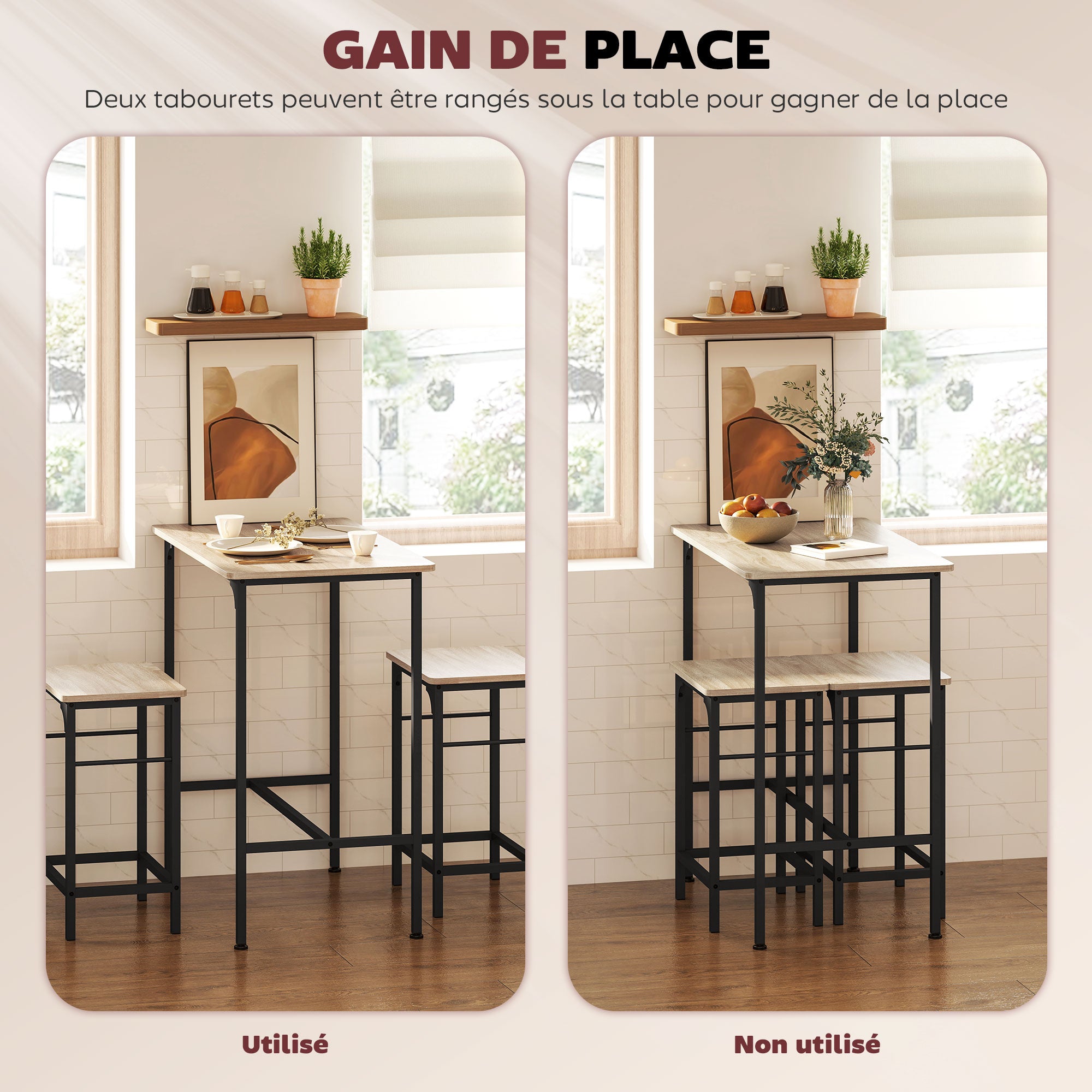 Ensemble table de bar avec tabourets, table à manger debout avec 2 chaises de bar, cadre en acier pour cuisine, salle à manger et salon, effet bois naturel
