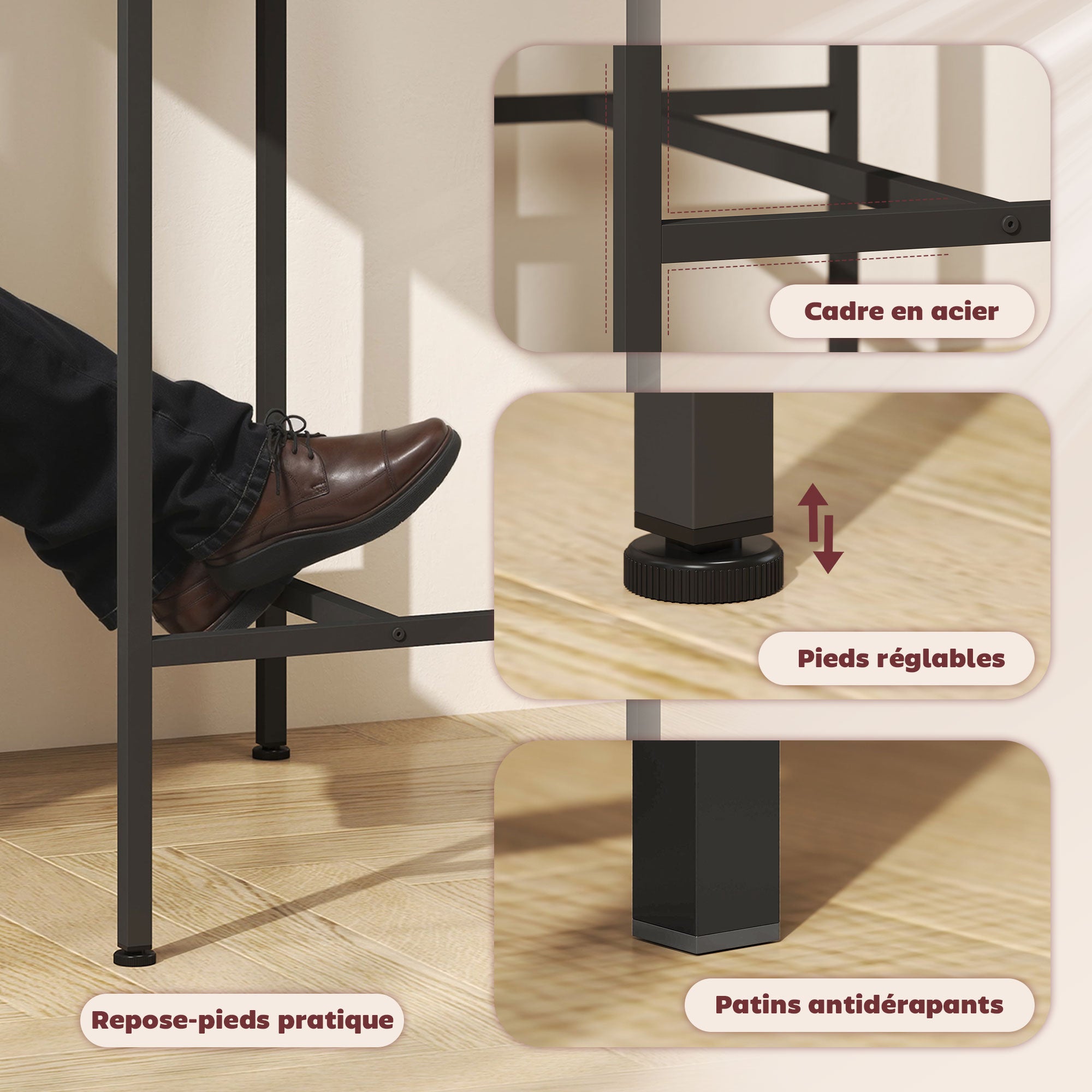 Ensemble table de bar avec tabourets, table à manger debout avec 2 chaises de bar, cadre en acier pour cuisine, salle à manger et salon, effet bois naturel