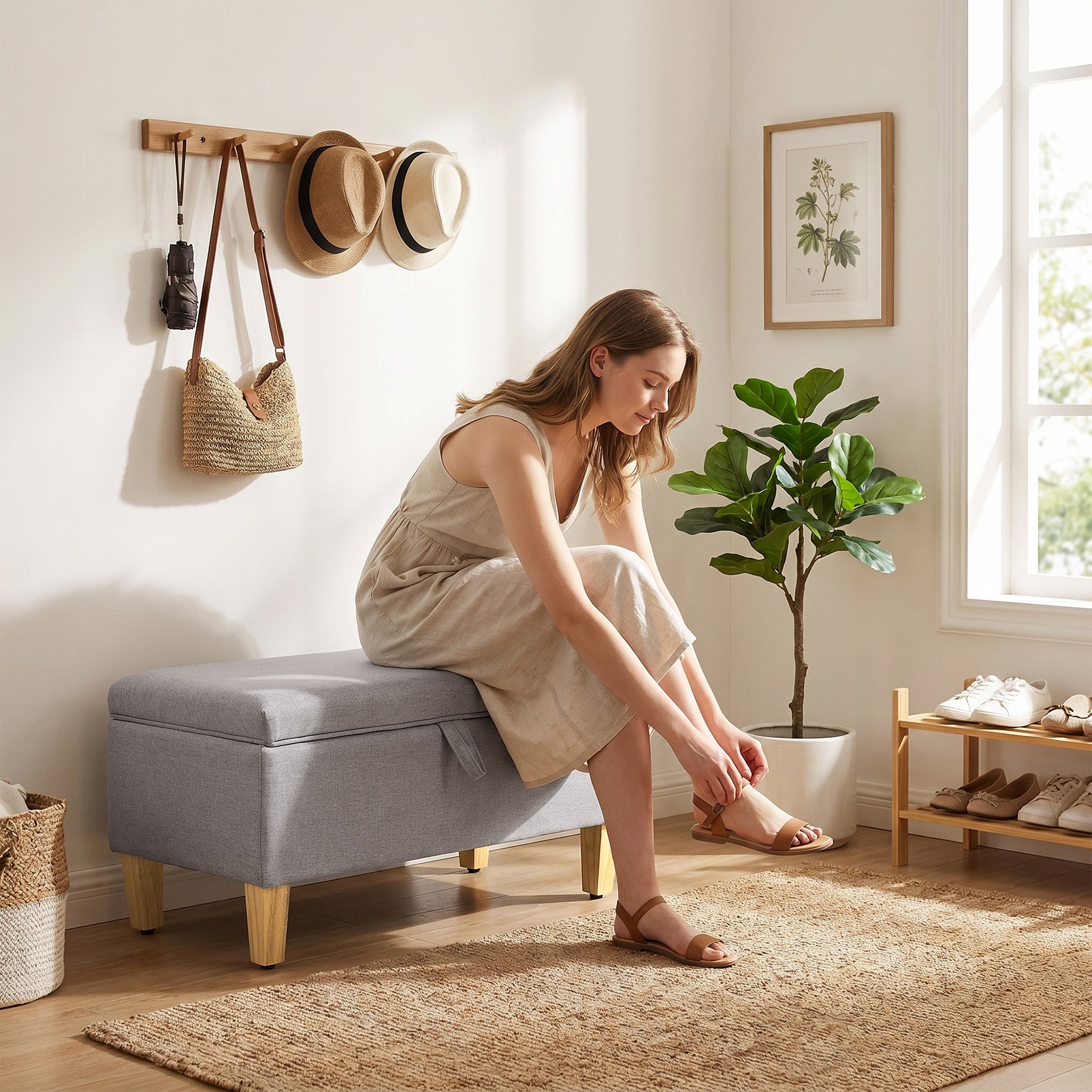 Banc de rangement, bout de lit, repose-pieds rembourré en lin avec pieds en bois de caoutchouc, pour salon, chambre, entrée, 71 x 37 x 36 cm, gris clair