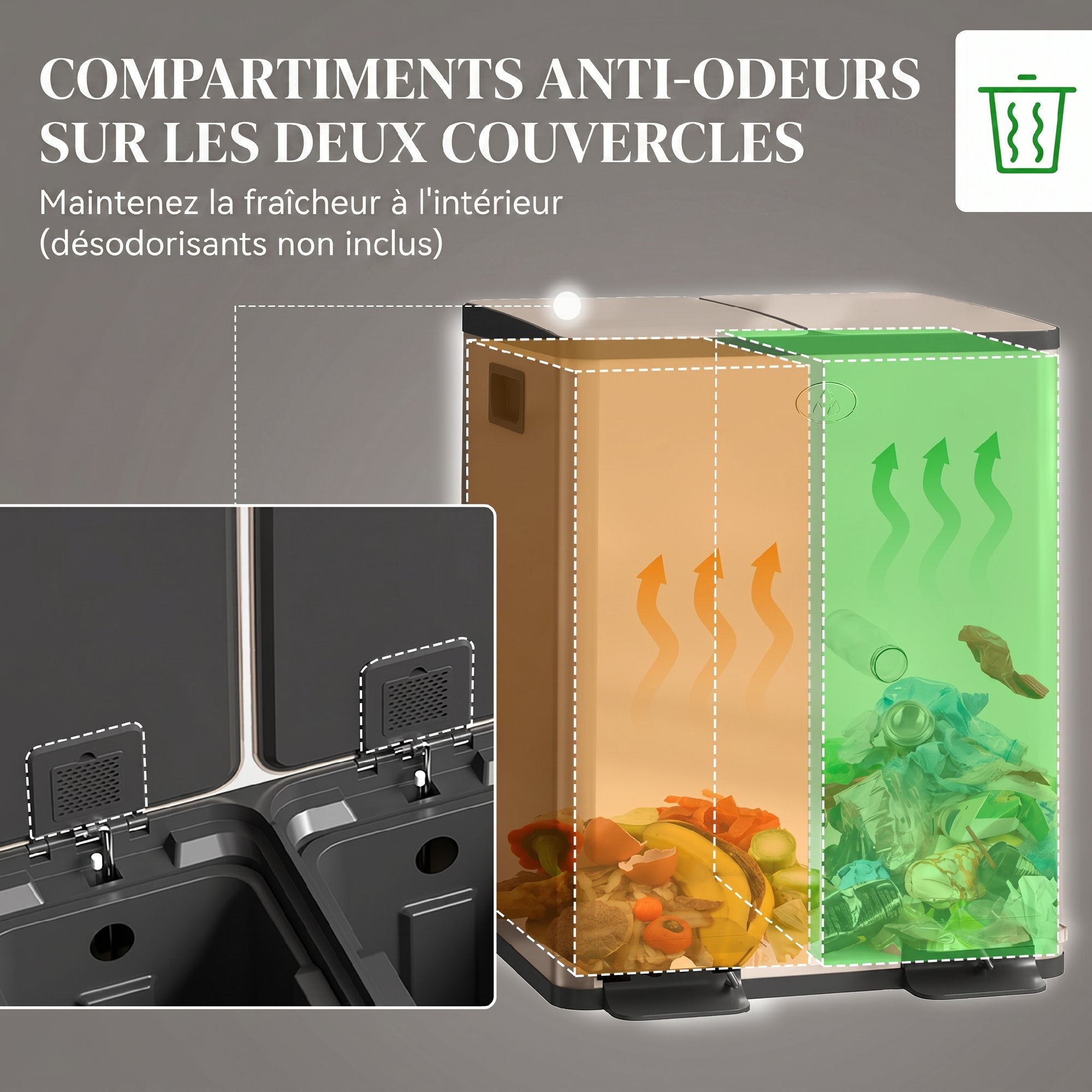 Poubelle à double compartiment 2x20L, poubelle de cuisine à pédale en acier inoxydable, seaux intérieurs amovibles, couvercle à fermeture douce maintien en ouverture, anti traces, or