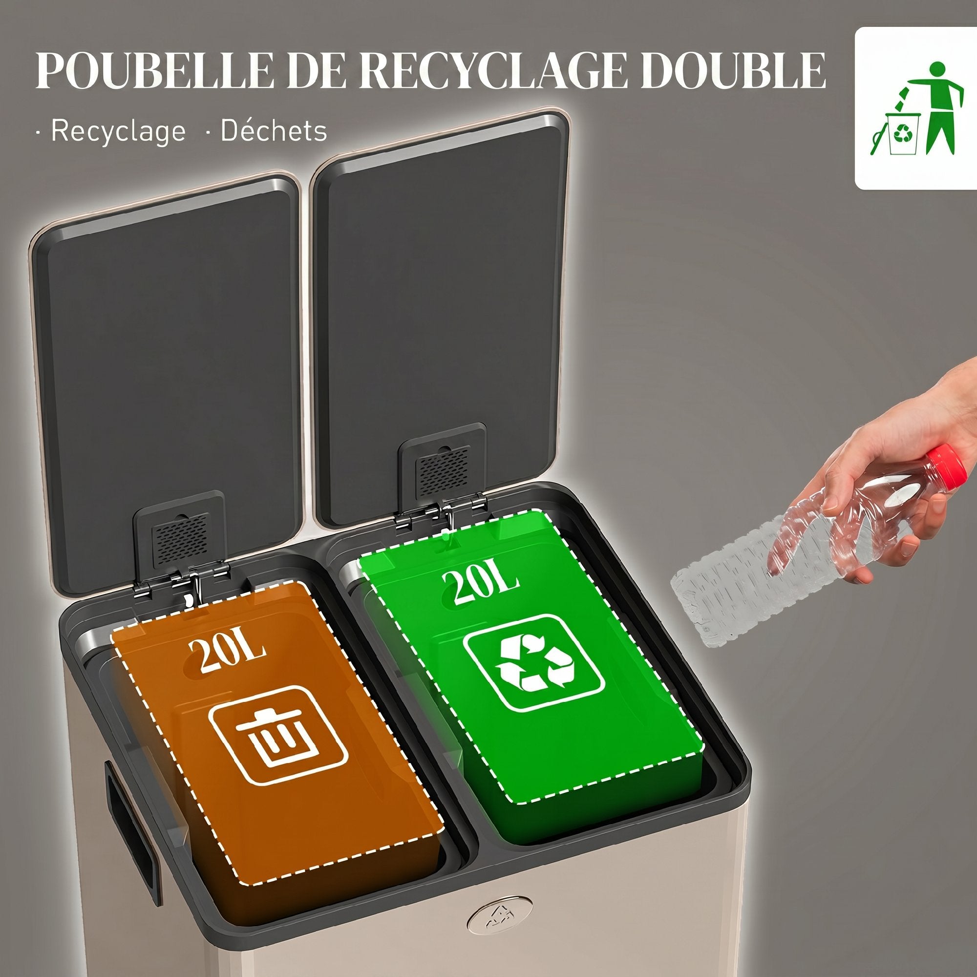 Poubelle à double compartiment 2x20L, poubelle de cuisine à pédale en acier inoxydable, seaux intérieurs amovibles, couvercle à fermeture douce maintien en ouverture, anti traces, or