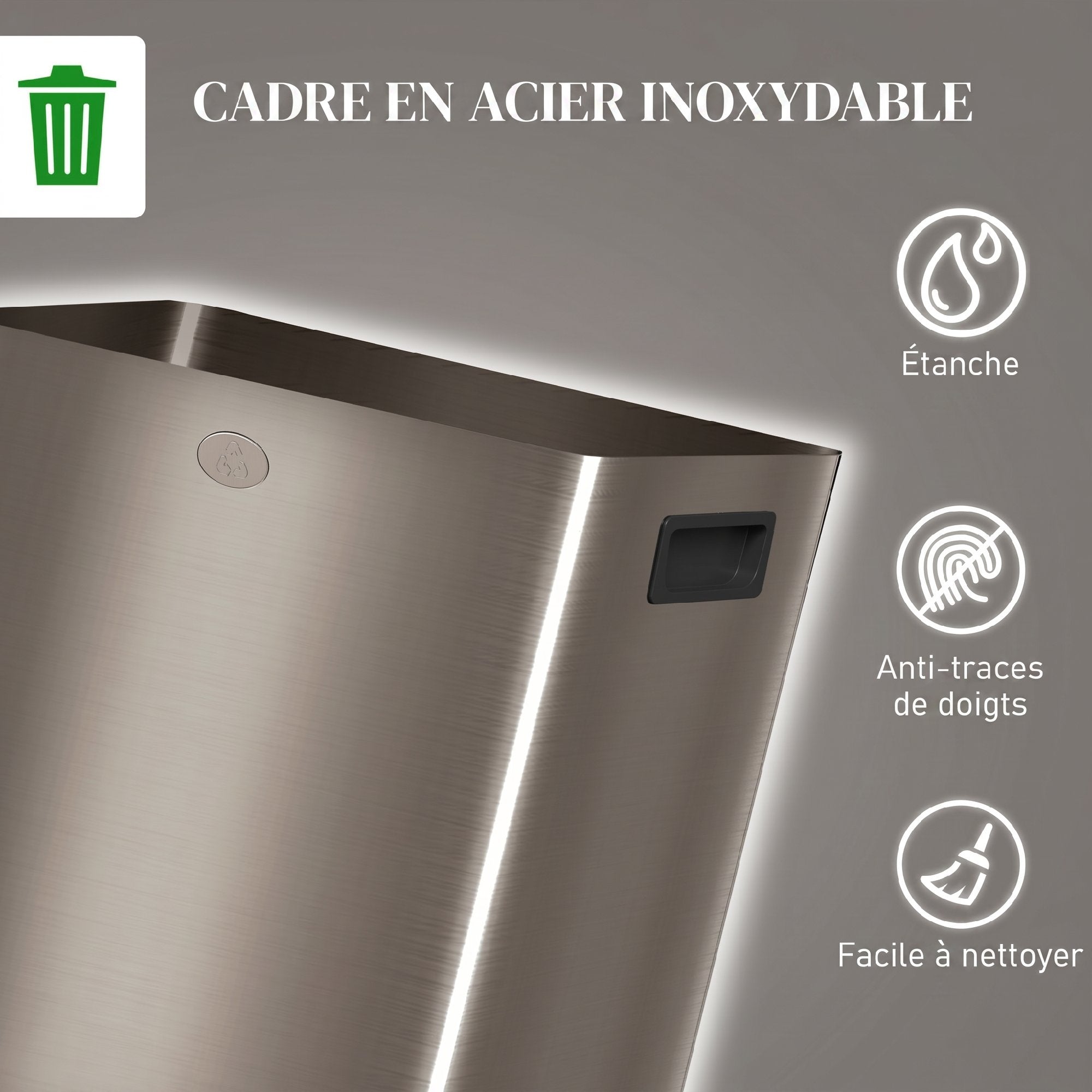 Poubelle à double compartiment 2x20L, poubelle de cuisine à pédale en acier inoxydable, seaux intérieurs amovibles, couvercle à fermeture douce maintien en ouverture, anti traces, or