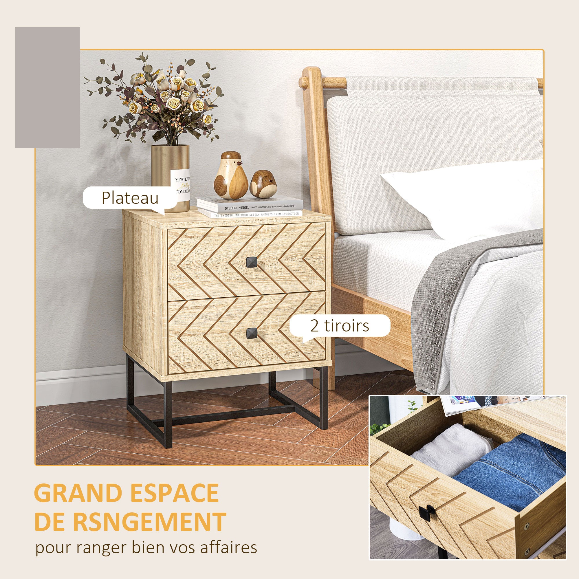 Table de Chevet Table de Nuit Style Graphique 48L x 39,5l x 60H cm 2 tiroirs métal Noir Panneaux Particules MDF Imitation Bois Clair