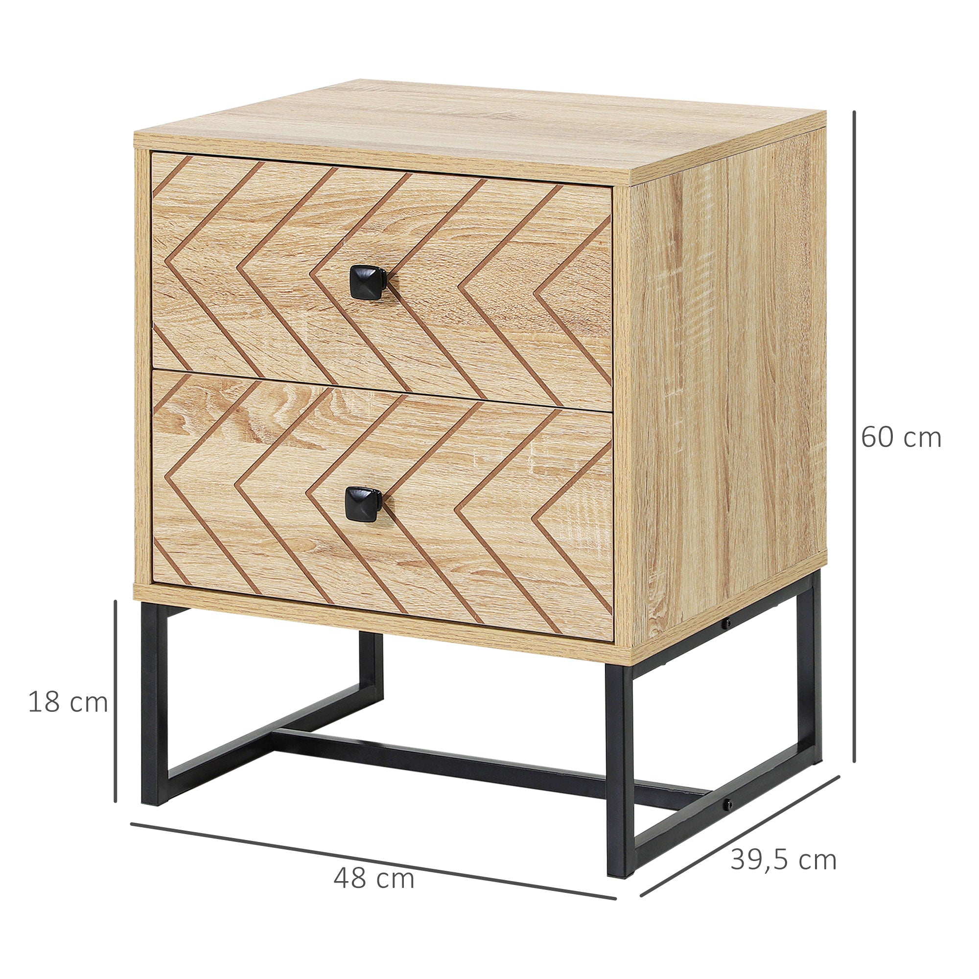 Table de Chevet Table de Nuit Style Graphique 48L x 39,5l x 60H cm 2 tiroirs métal Noir Panneaux Particules MDF Imitation Bois Clair