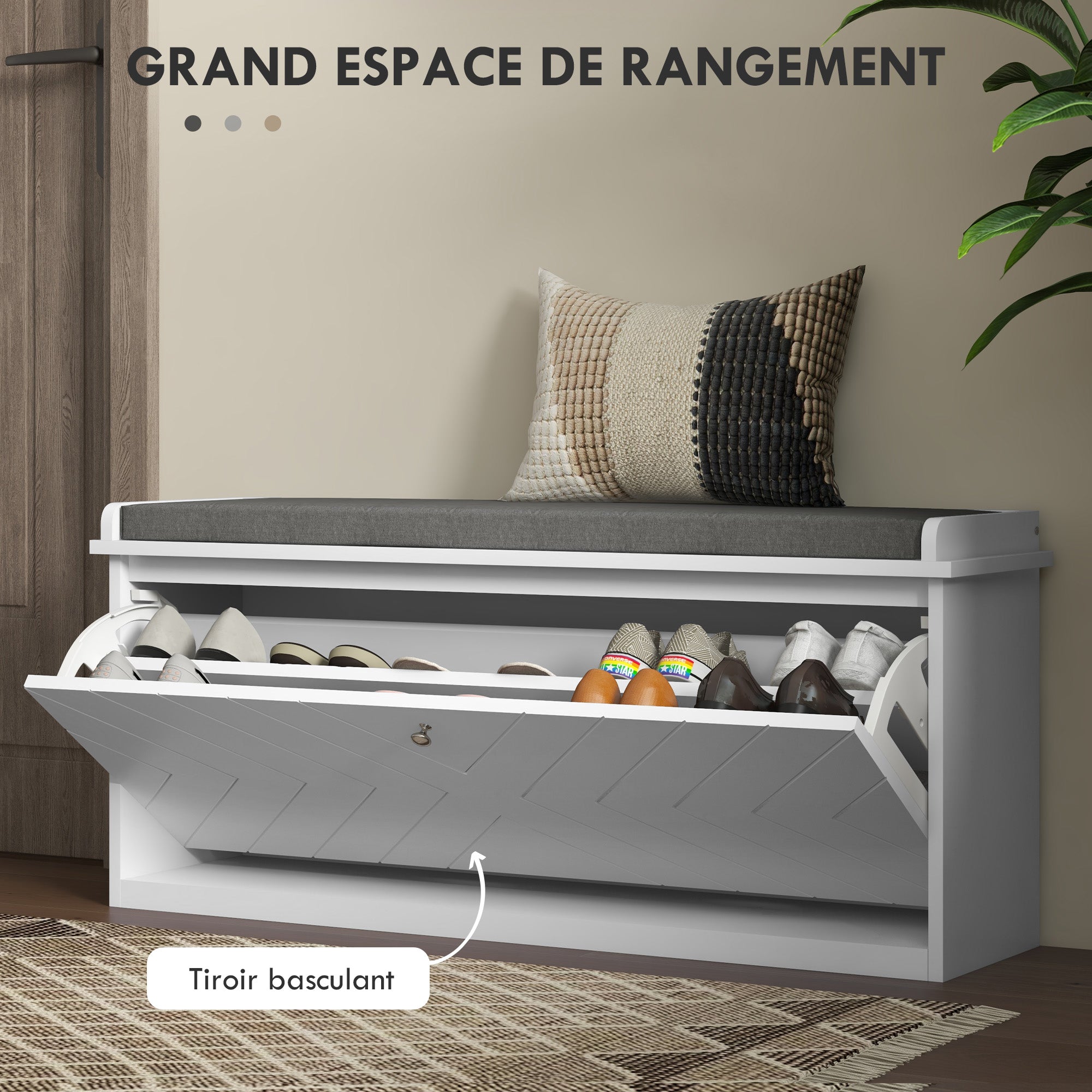Banc à chaussures meuble à chaussures, meuble d'entrée avec tiroir rabattable, coussin d'assise et étagère réglable, pour couloir, entrée, chambre, 100 x 26 x 48 cm, blanc