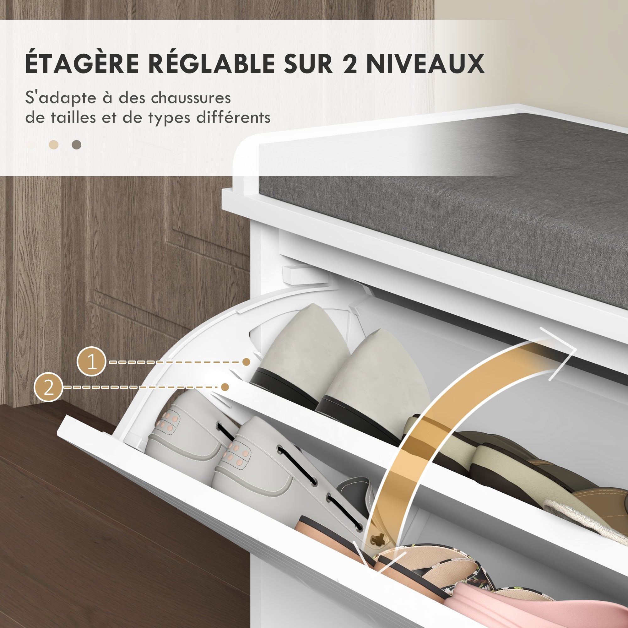 Banc à chaussures meuble à chaussures, meuble d'entrée avec tiroir rabattable, coussin d'assise et étagère réglable, pour couloir, entrée, chambre, 100 x 26 x 48 cm, blanc