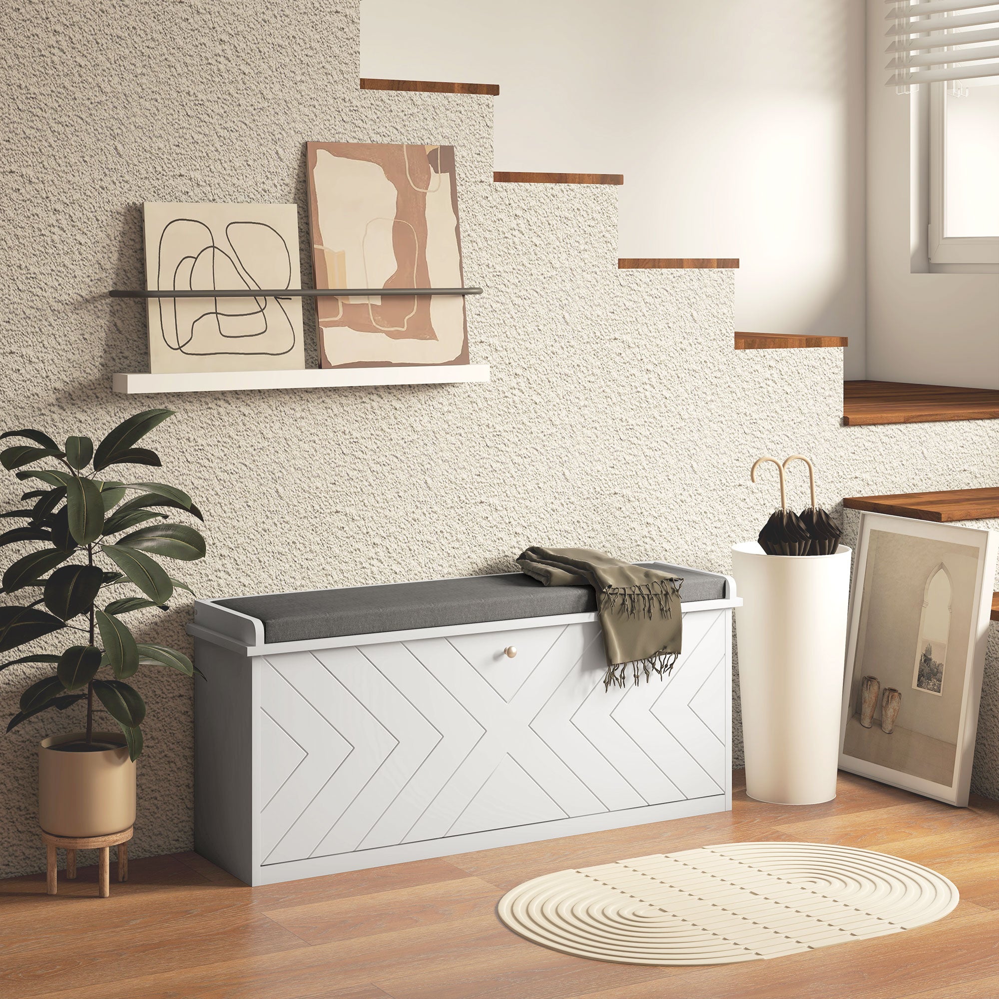 Banc à chaussures meuble à chaussures, meuble d'entrée avec tiroir rabattable, coussin d'assise et étagère réglable, pour couloir, entrée, chambre, 100 x 26 x 48 cm, blanc