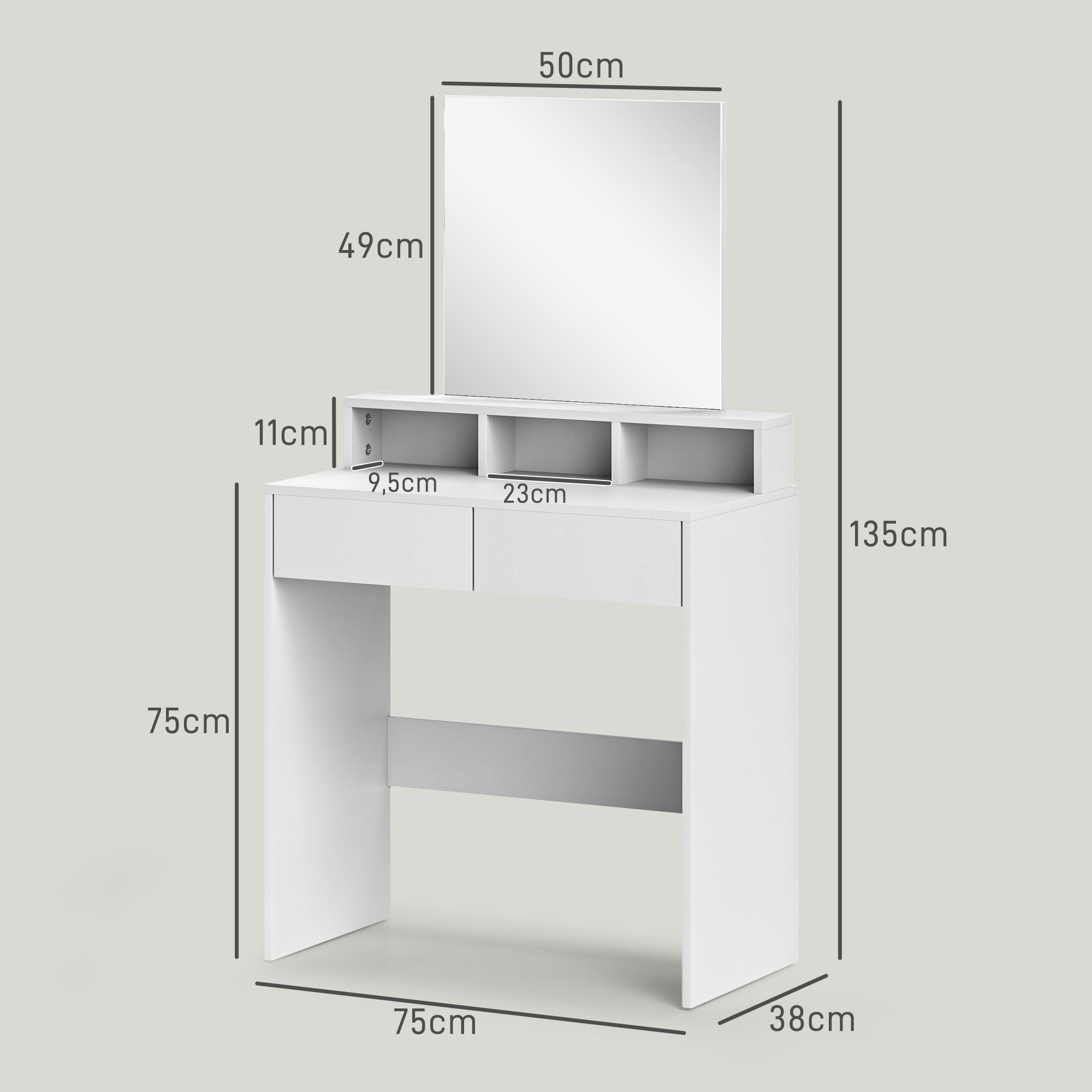 Coiffeuse avec miroir, table de maquillage avec 2 tiroirs et 3 compartiments, style moderne, pour chambre à coucher, 75 x 38 x 135 cm, blanc