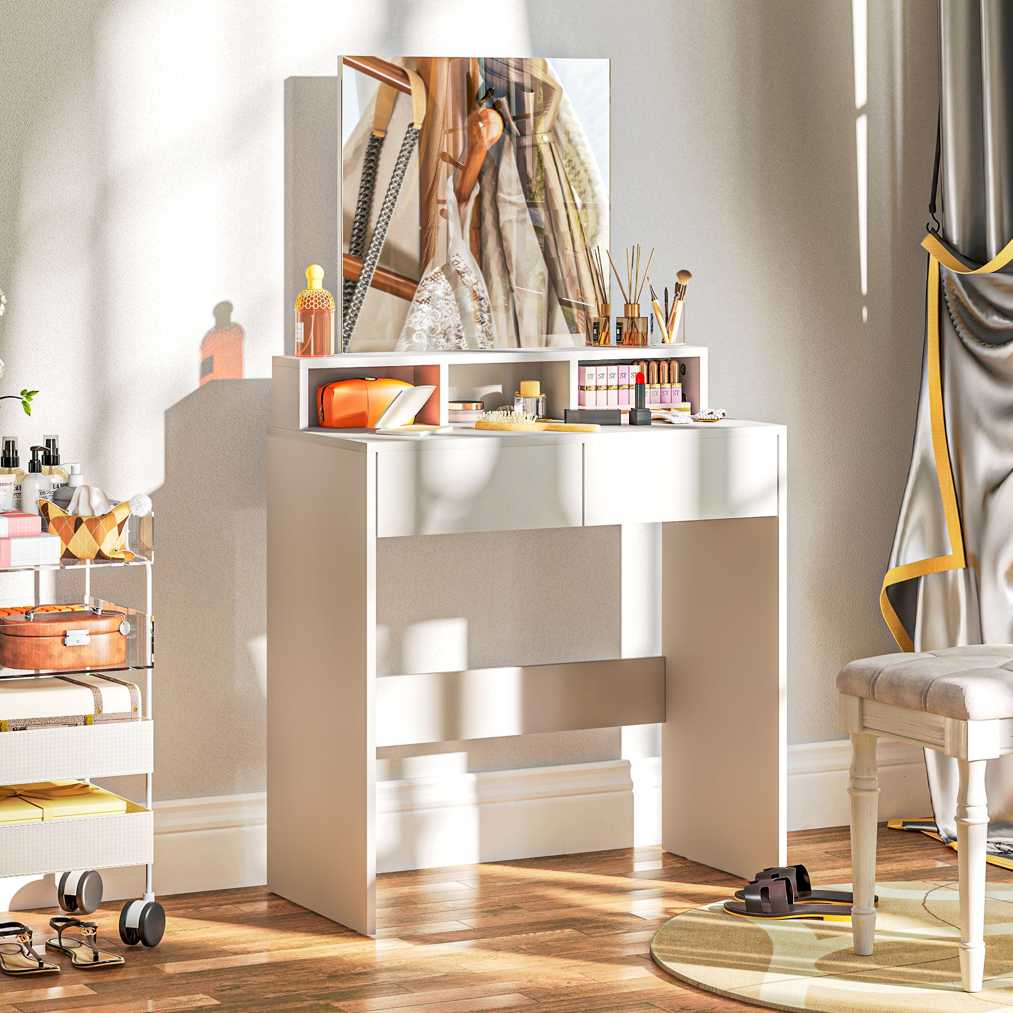 Coiffeuse avec miroir, table de maquillage avec 2 tiroirs et 3 compartiments, style moderne, pour chambre à coucher, 75 x 38 x 135 cm, blanc
