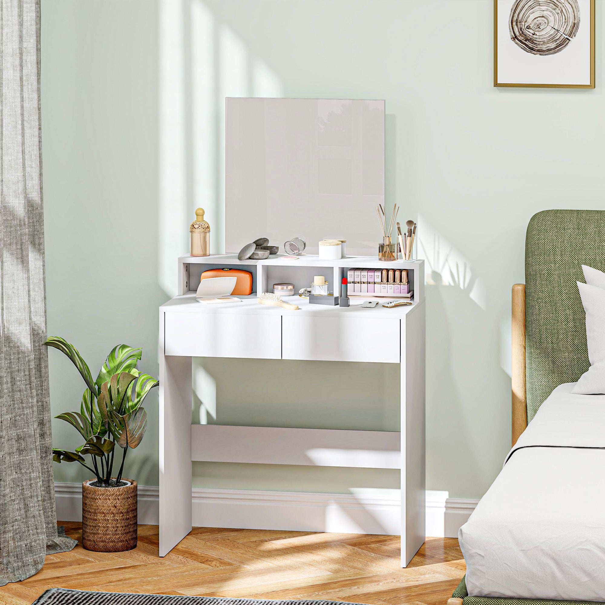 Coiffeuse avec miroir, table de maquillage avec 2 tiroirs et 3 compartiments, style moderne, pour chambre à coucher, 75 x 38 x 135 cm, blanc
