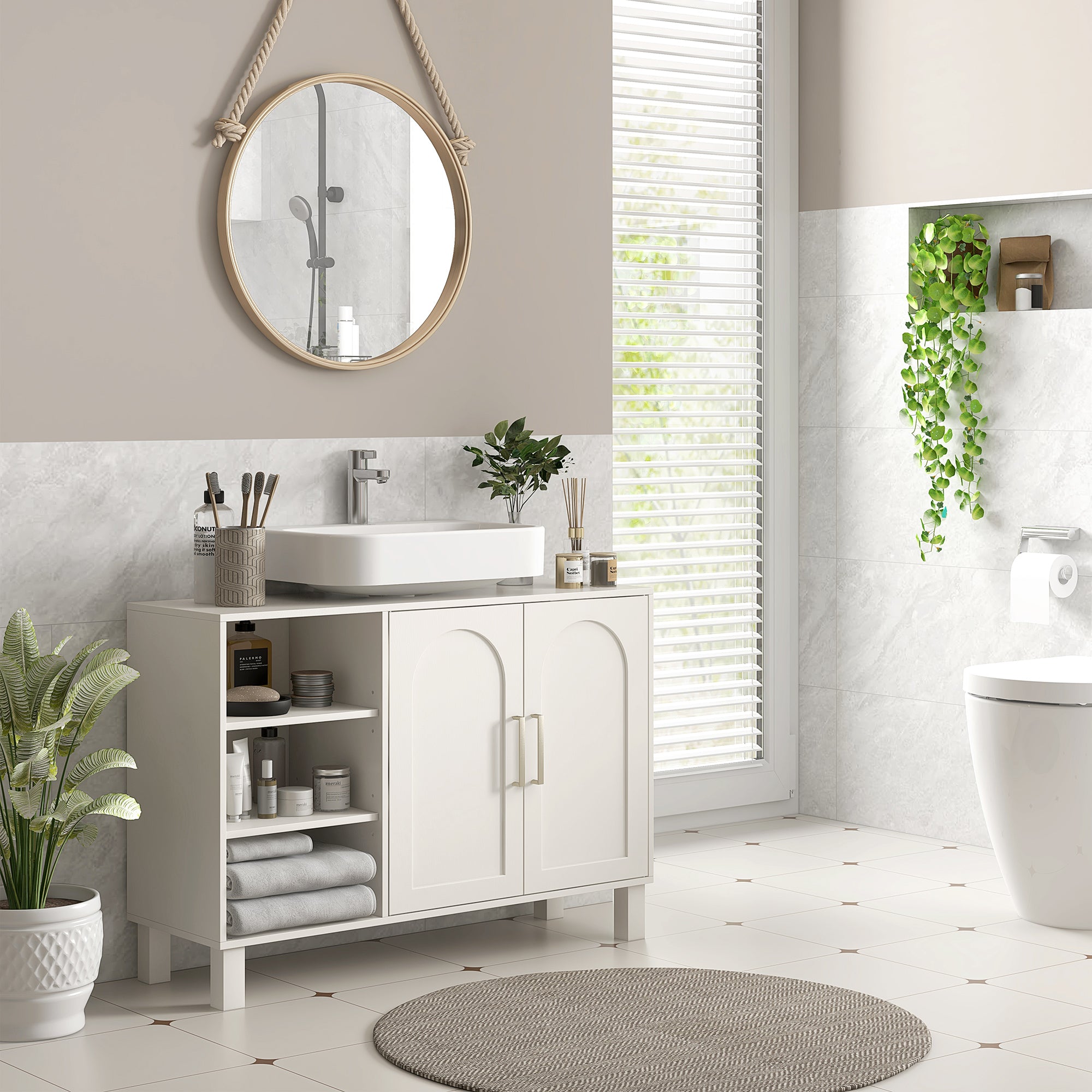 Meuble sous lavabo, meuble de salle de bain, avec placard à deux niveaux, 2 portes, étagères réglables, sur pieds, en bois, 90 x 30 x 63 cm, crème