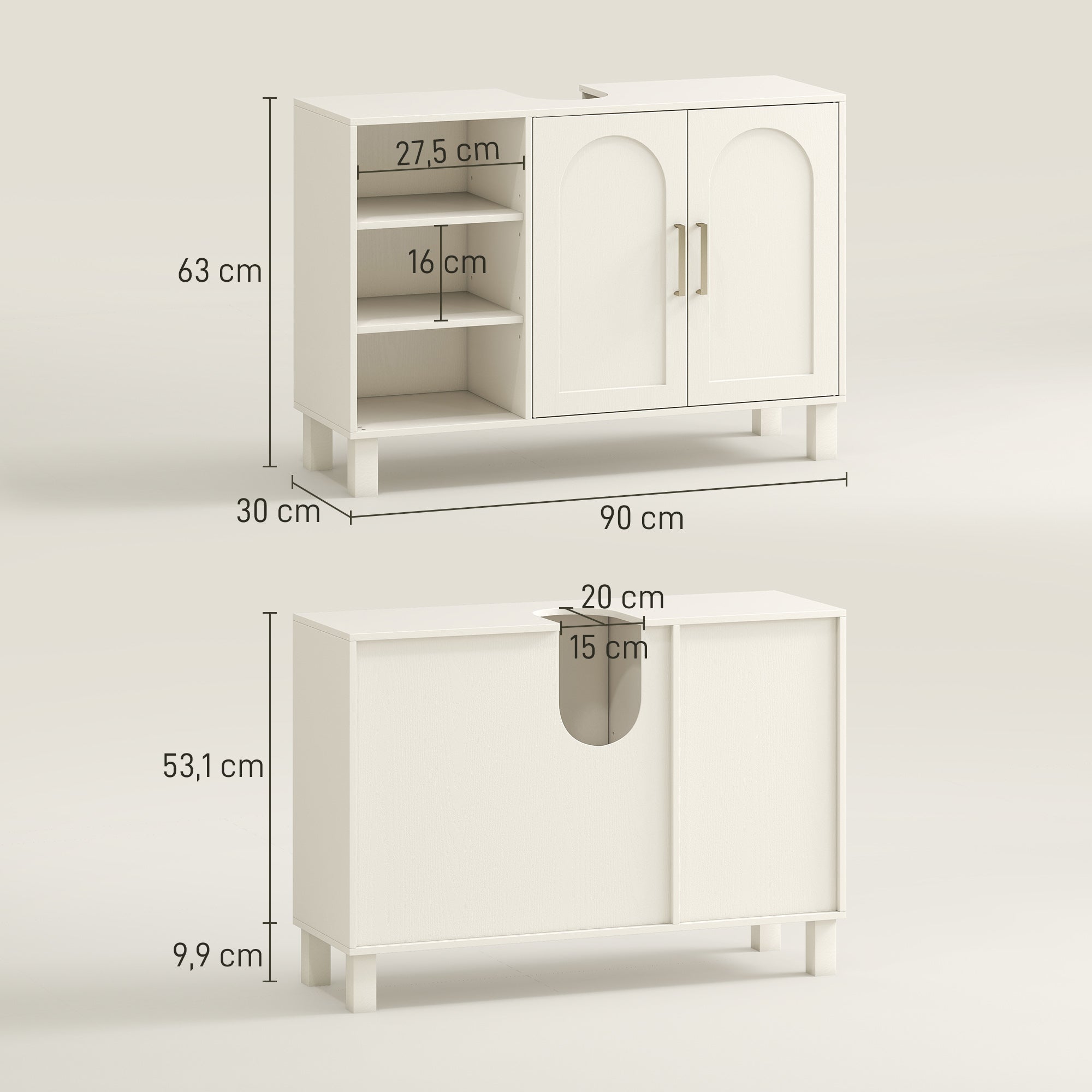 Meuble sous lavabo, meuble de salle de bain, avec placard à deux niveaux, 2 portes, étagères réglables, sur pieds, en bois, 90 x 30 x 63 cm, crème