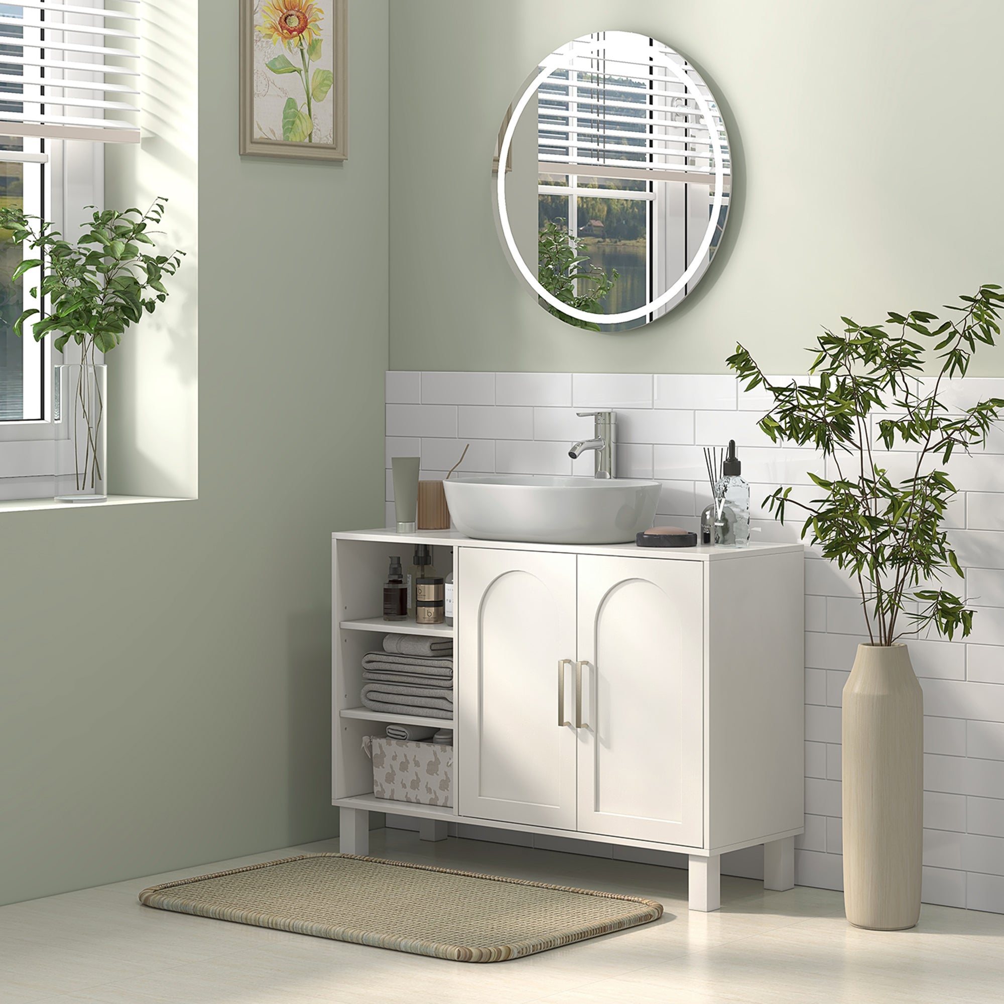 Meuble sous lavabo, meuble de salle de bain, avec placard à deux niveaux, 2 portes, étagères réglables, sur pieds, en bois, 90 x 30 x 63 cm, crème