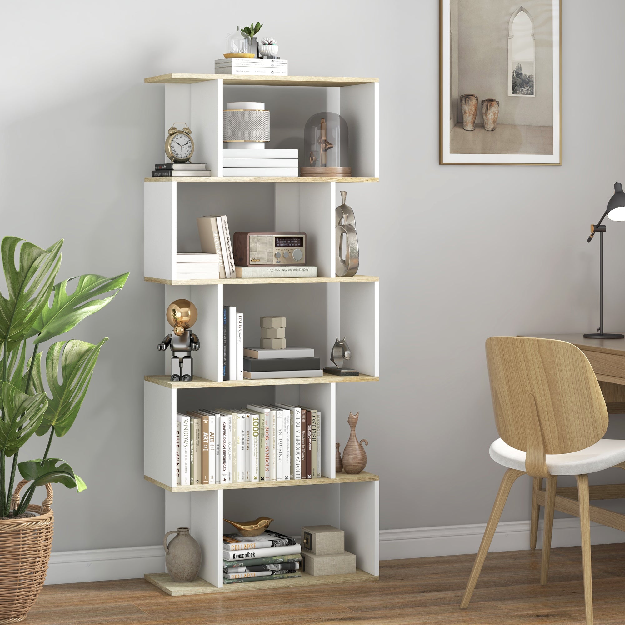 Bibliothèque meuble de rangement style scandinave avec 5 étagères anti-basculement charge 25 kg pour bureau salon chambre 70x29,5x163 cm aspect bois et blanc