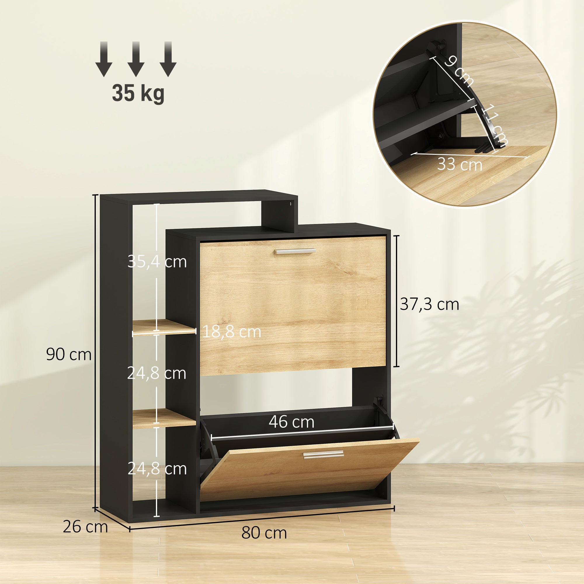 Meuble à chaussures 8 paires, armoire à chaussures étroite avec 2 tiroirs rabattables, 3 compartiments ouverts et étagères réglables, style moderne, pour couloir, entrée, 80x26x90cm, noir