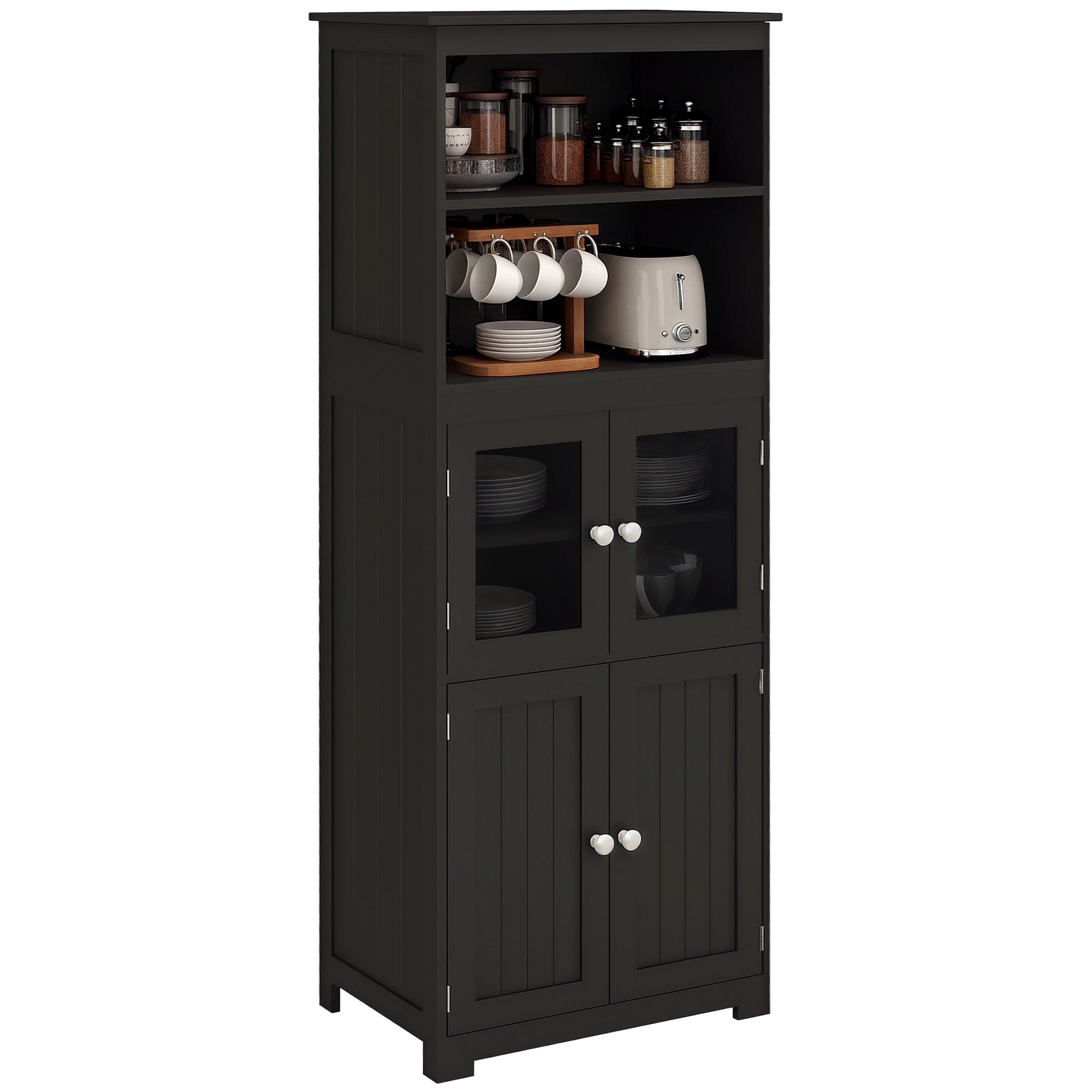 Armoire de cuisine buffet cuisine vaisselier meuble de rangement avec 2 niches, 2 placards avec 4 portes dont 2 portes vitrées, étagère réglable - dim. 60I x 30P x 162H cm noir
