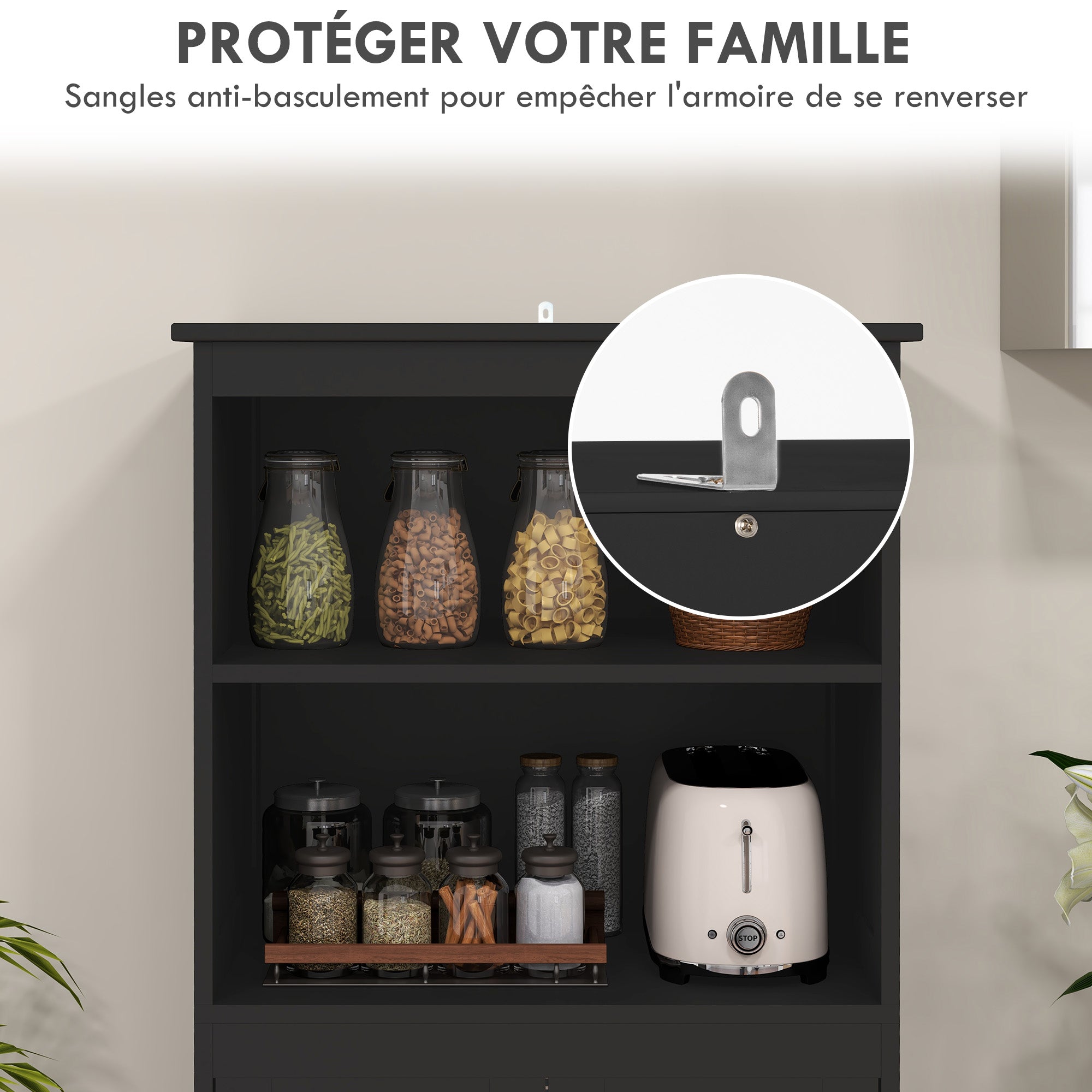 Armoire de cuisine buffet cuisine vaisselier meuble de rangement avec 2 niches, 2 placards avec 4 portes dont 2 portes vitrées, étagère réglable - dim. 60I x 30P x 162H cm noir