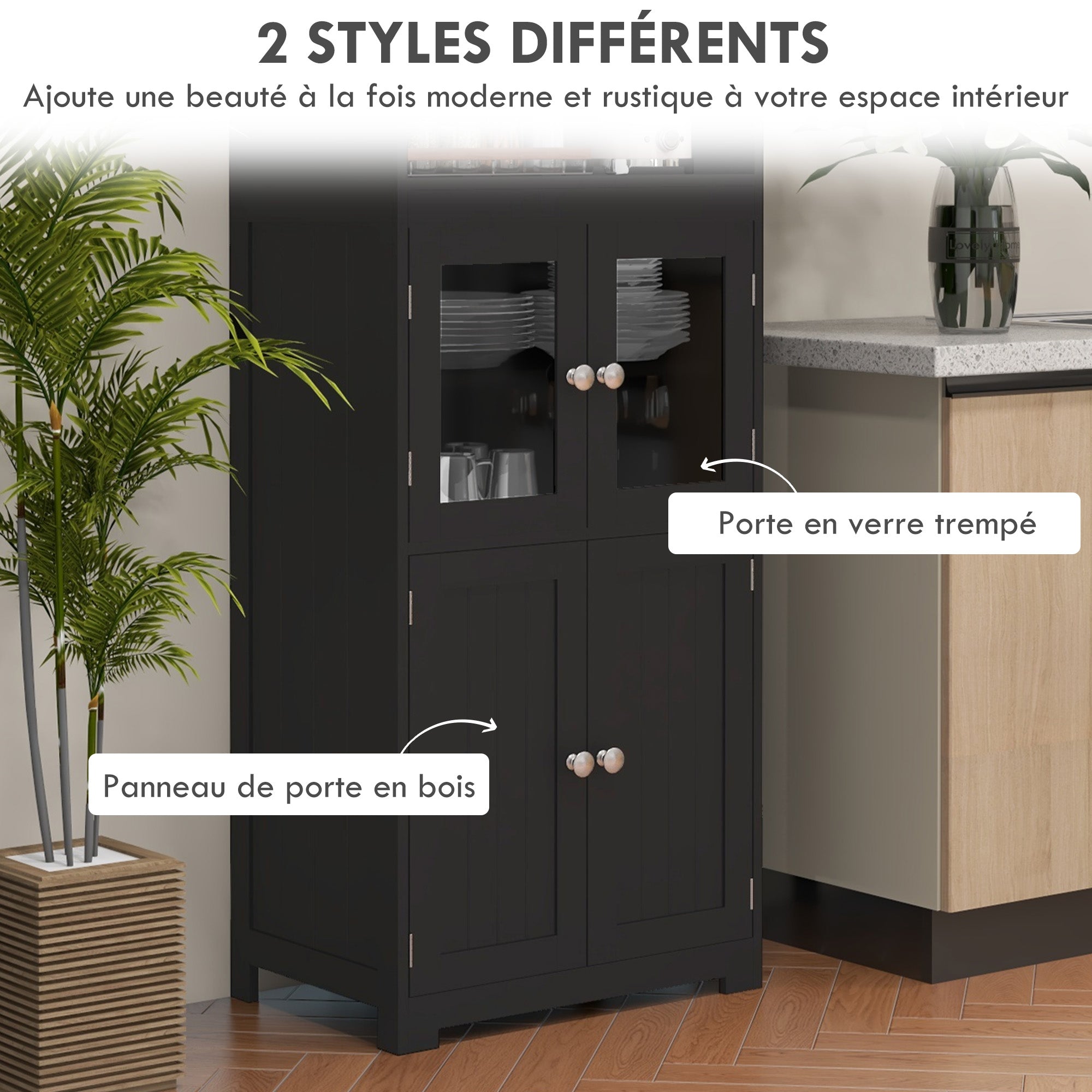Armoire de cuisine buffet cuisine vaisselier meuble de rangement avec 2 niches, 2 placards avec 4 portes dont 2 portes vitrées, étagère réglable - dim. 60I x 30P x 162H cm noir