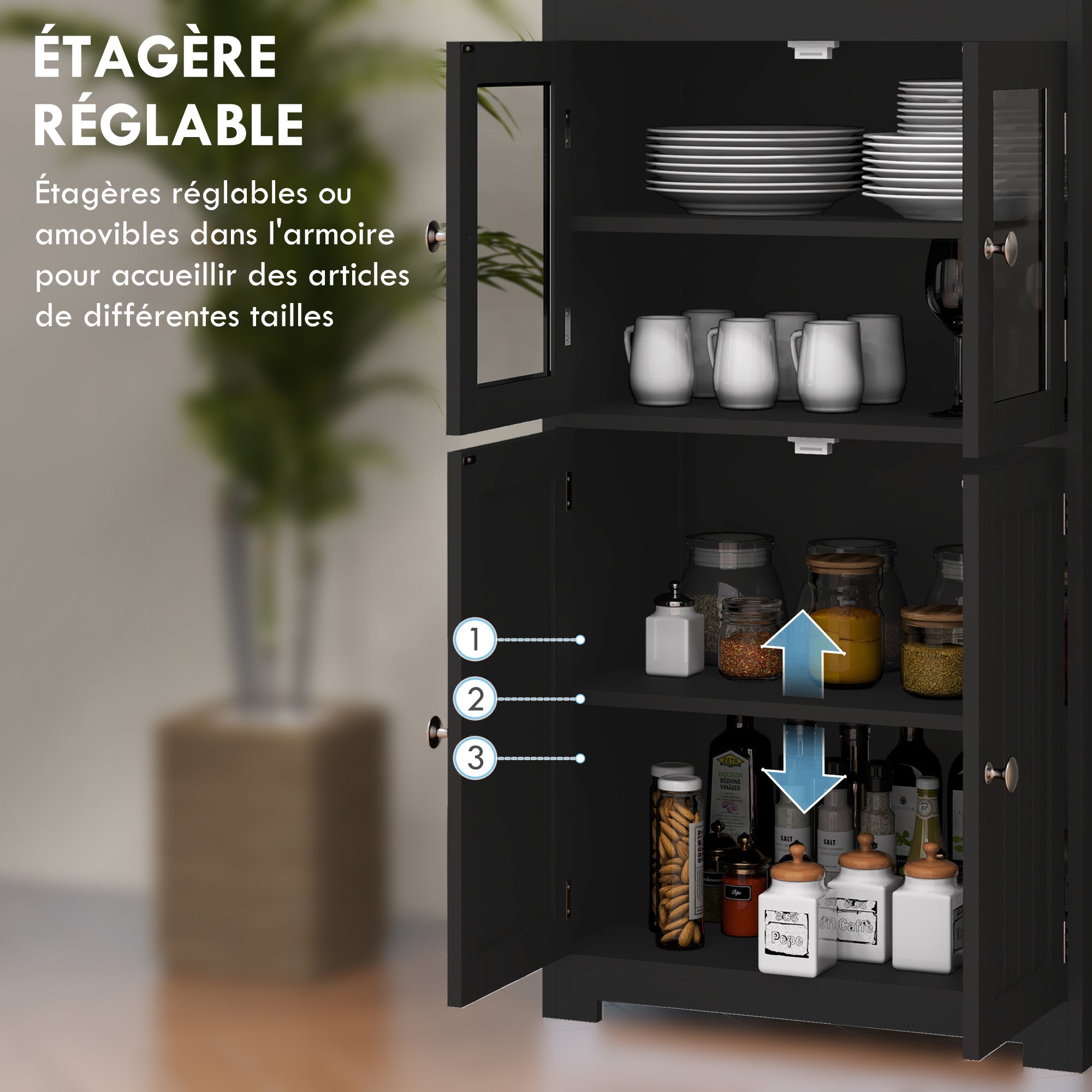 Armoire de cuisine buffet cuisine vaisselier meuble de rangement avec 2 niches, 2 placards avec 4 portes dont 2 portes vitrées, étagère réglable - dim. 60I x 30P x 162H cm noir
