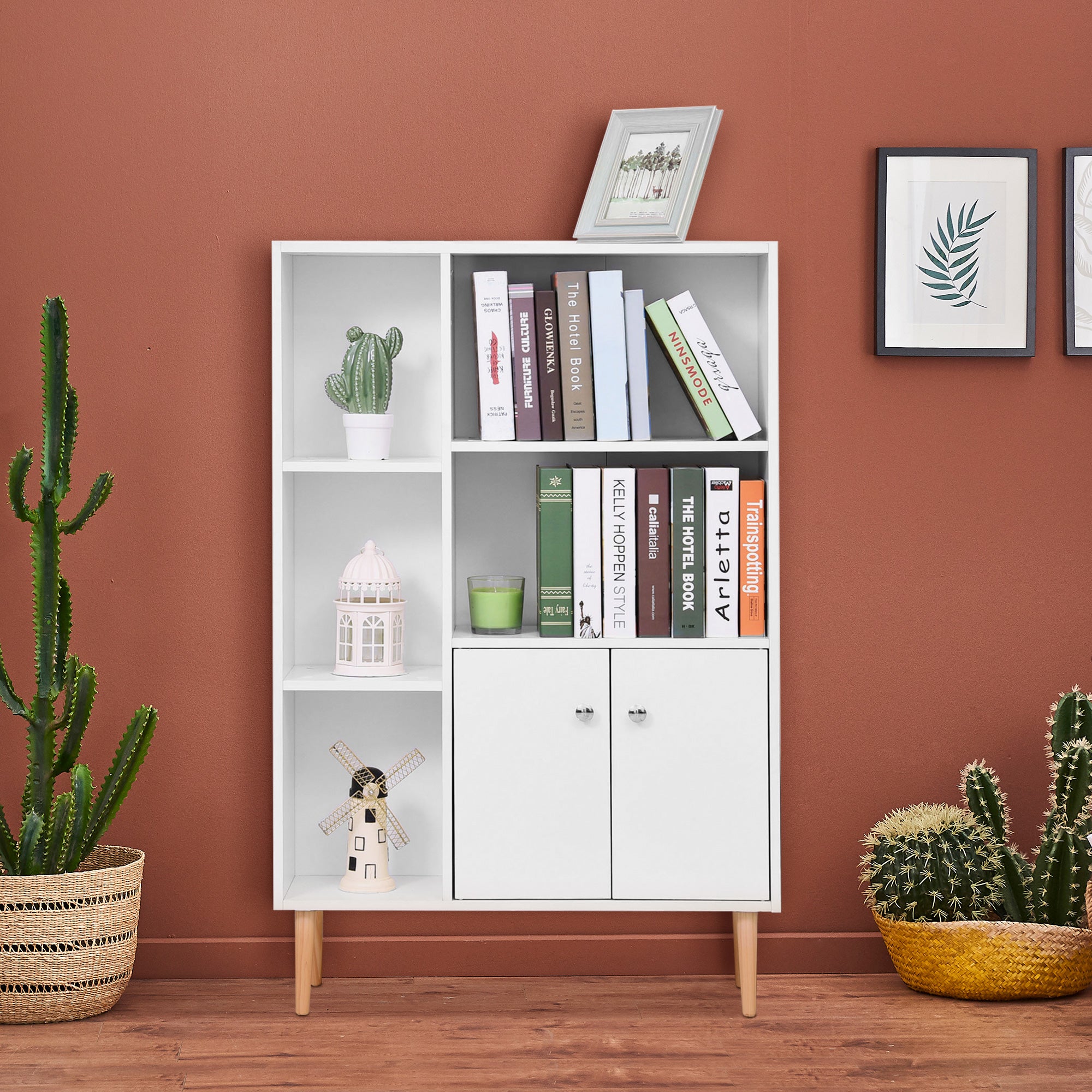 Bibliothèque scandinave meuble de rangement dim. 80L x 23,5l x 123H cm 5 niches placard 2 portes pieds effilés inclinés bois massif panneaux particules blanc