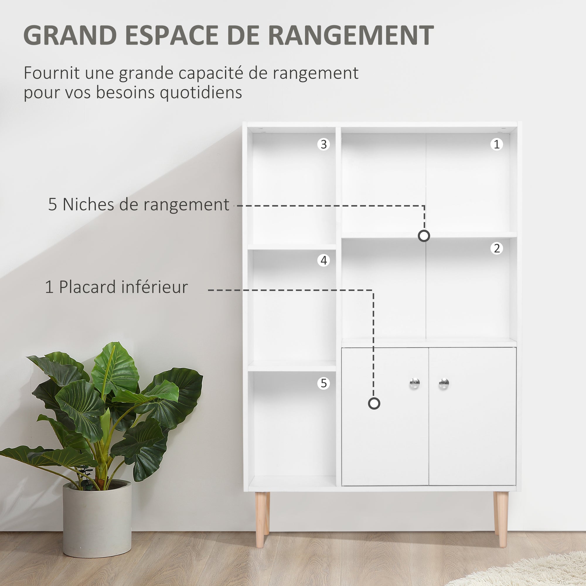 Bibliothèque scandinave meuble de rangement dim. 80L x 23,5l x 123H cm 5 niches placard 2 portes pieds effilés inclinés bois massif panneaux particules blanc