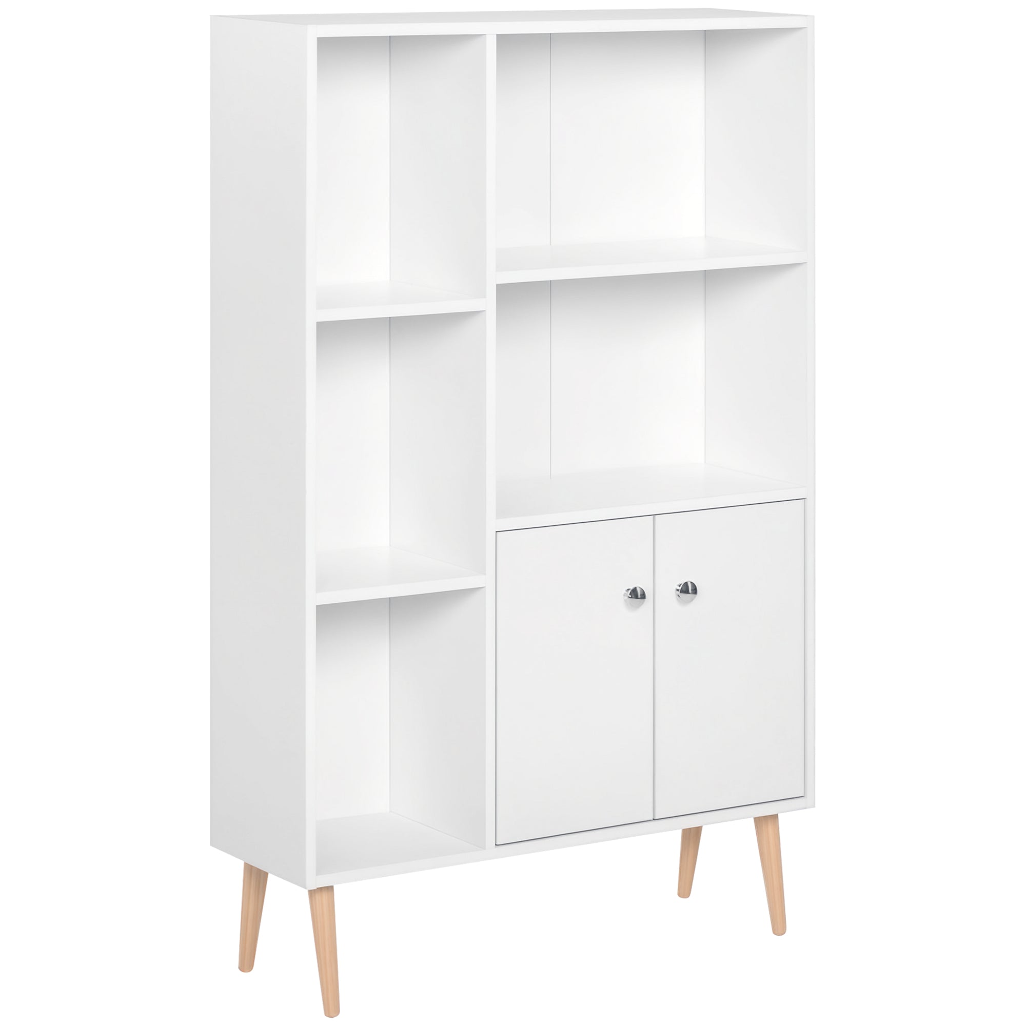 Bibliothèque scandinave meuble de rangement dim. 80L x 23,5l x 123H cm 5 niches placard 2 portes pieds effilés inclinés bois massif panneaux particules blanc