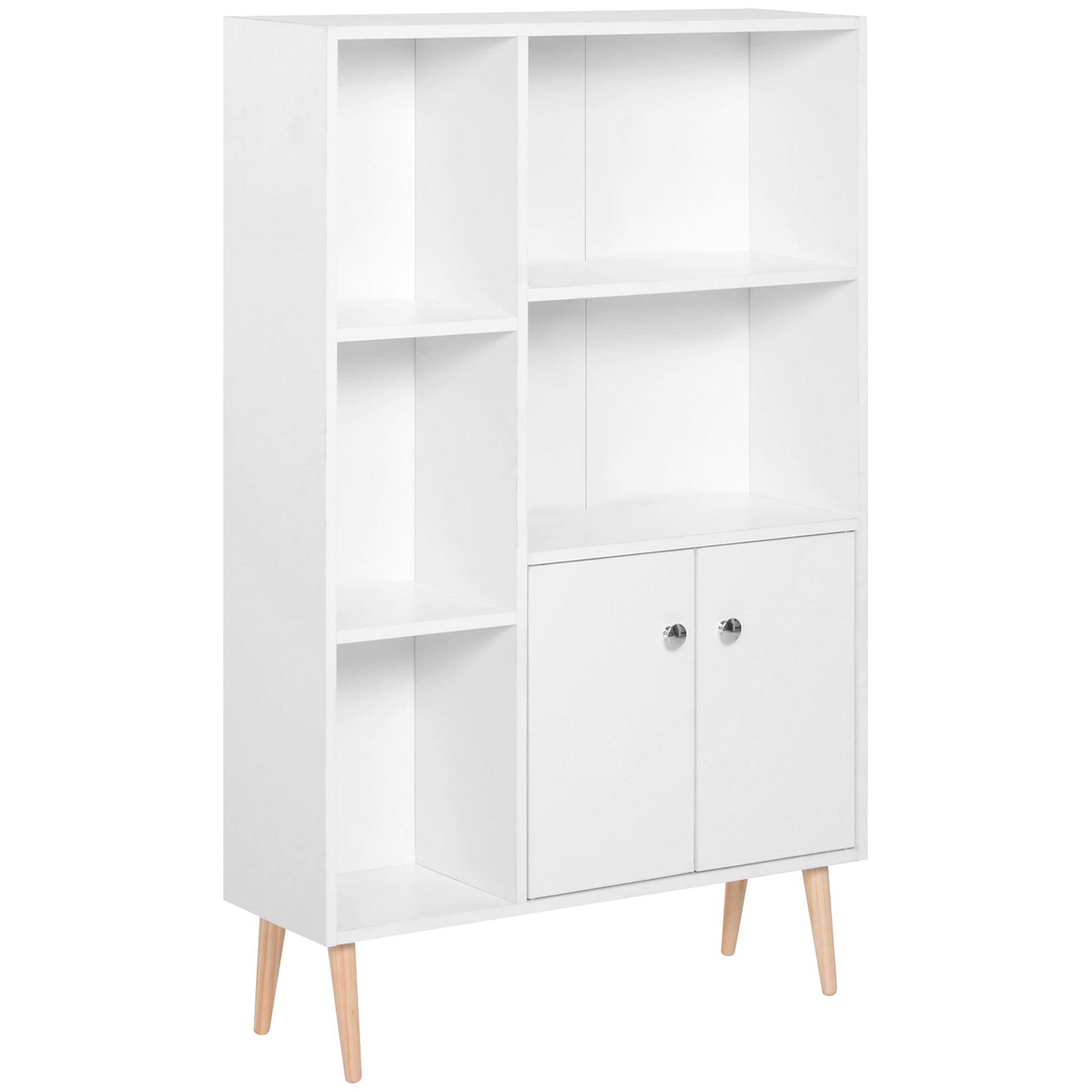 Bibliothèque scandinave meuble de rangement dim. 80L x 23,5l x 123H cm 5 niches placard 2 portes pieds effilés inclinés bois massif panneaux particules blanc