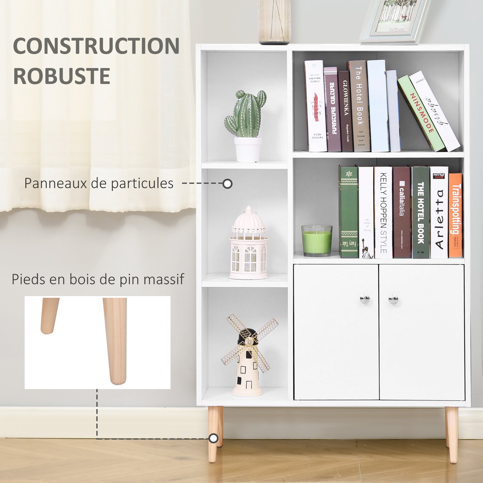 Bibliothèque scandinave meuble de rangement dim. 80L x 23,5l x 123H cm 5 niches placard 2 portes pieds effilés inclinés bois massif panneaux particules blanc