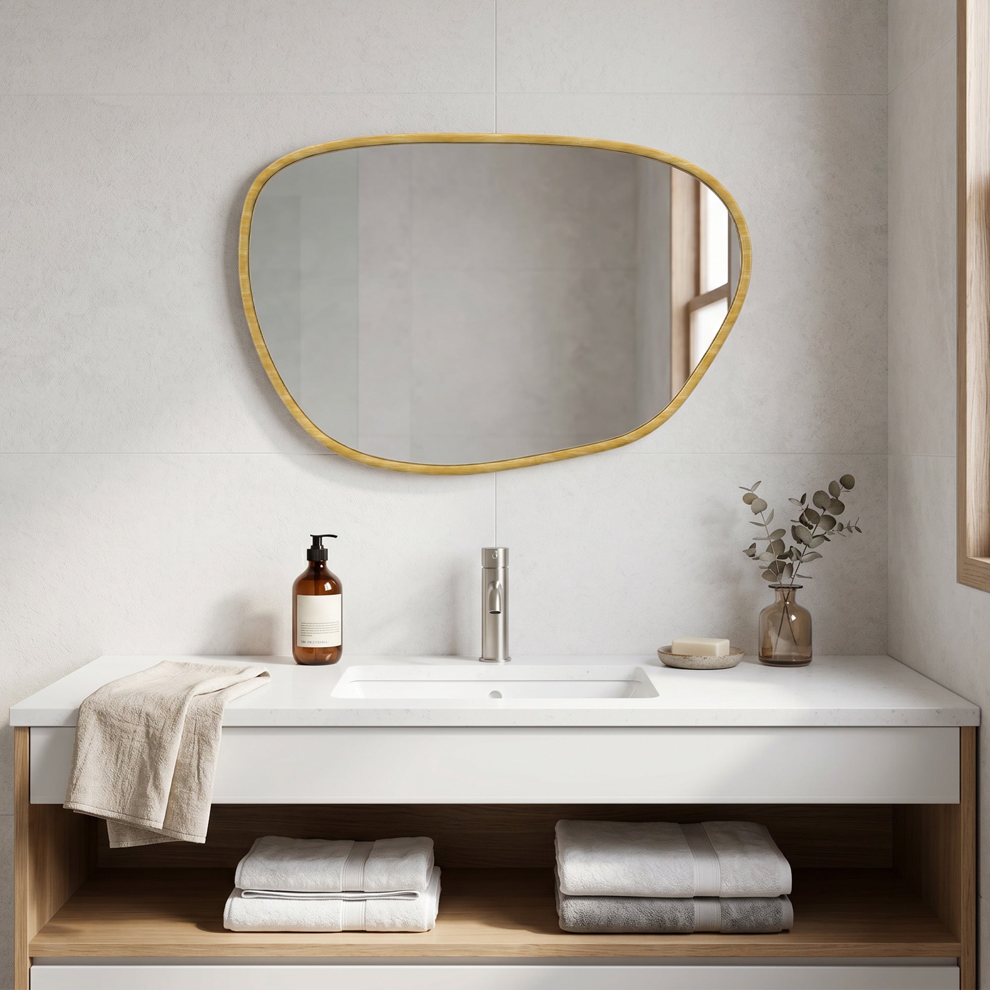 Miroir mural, miroir décoratif asymétrique 90 x 60 cm en verre trempé, pour salle de bain, chambre, salon, couloir, naturel