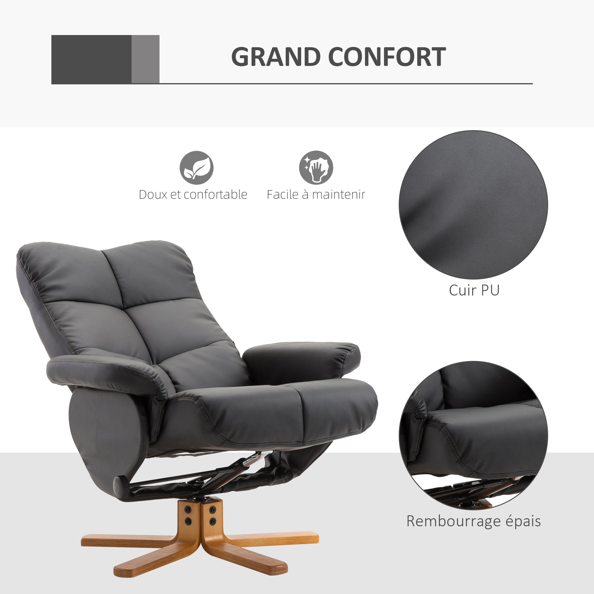 Fauteuil relax inclinable fauteuil de salon avec repose-pieds pouf coffre rangement revêtement synthétique couleur noire