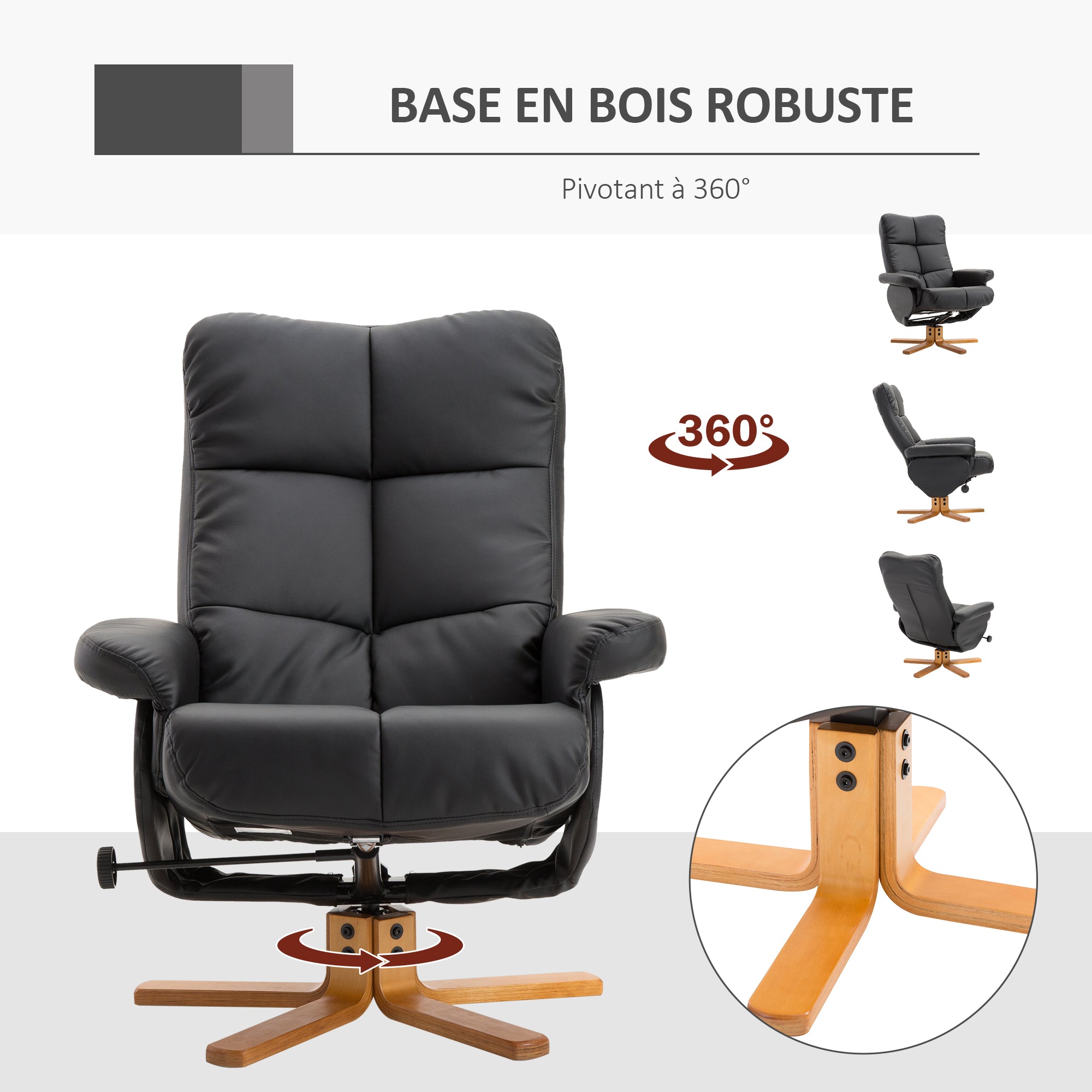 Fauteuil relax inclinable fauteuil de salon avec repose-pieds pouf coffre rangement revêtement synthétique couleur noire
