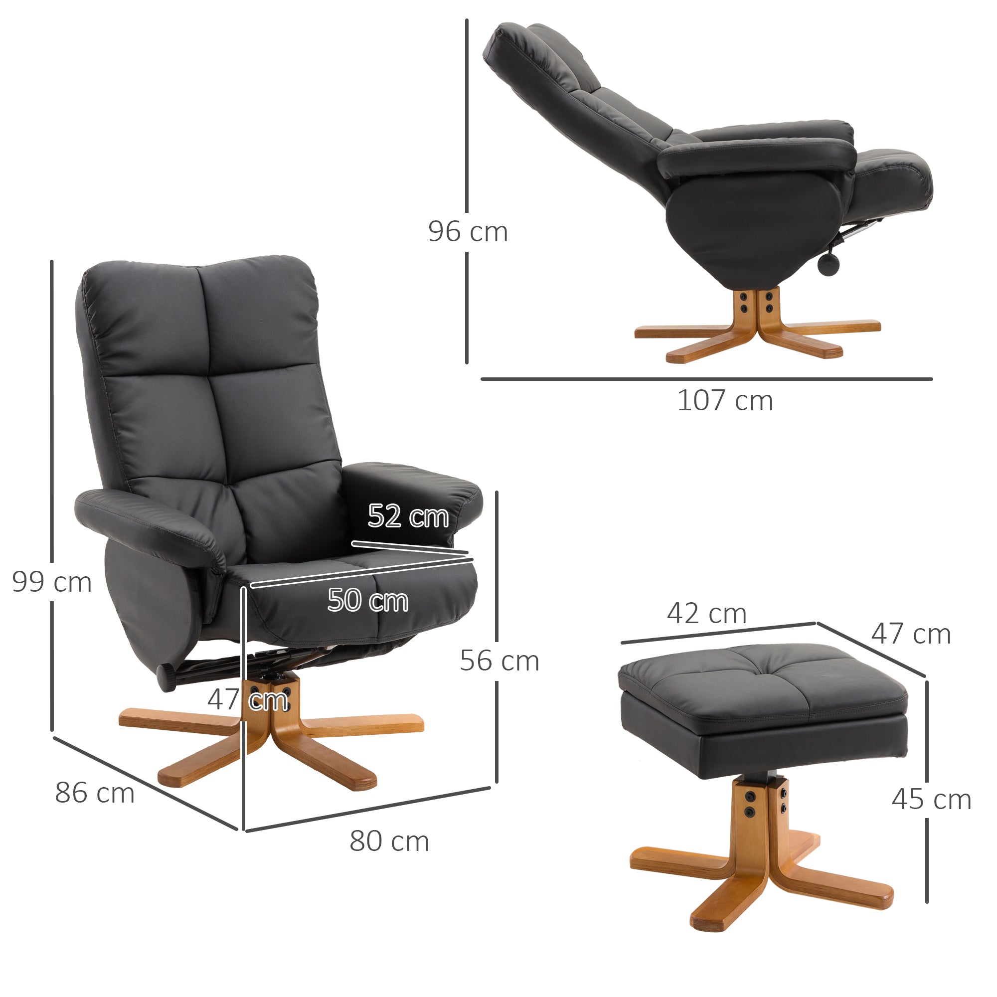 Fauteuil relax inclinable fauteuil de salon avec repose-pieds pouf coffre rangement revêtement synthétique couleur noire