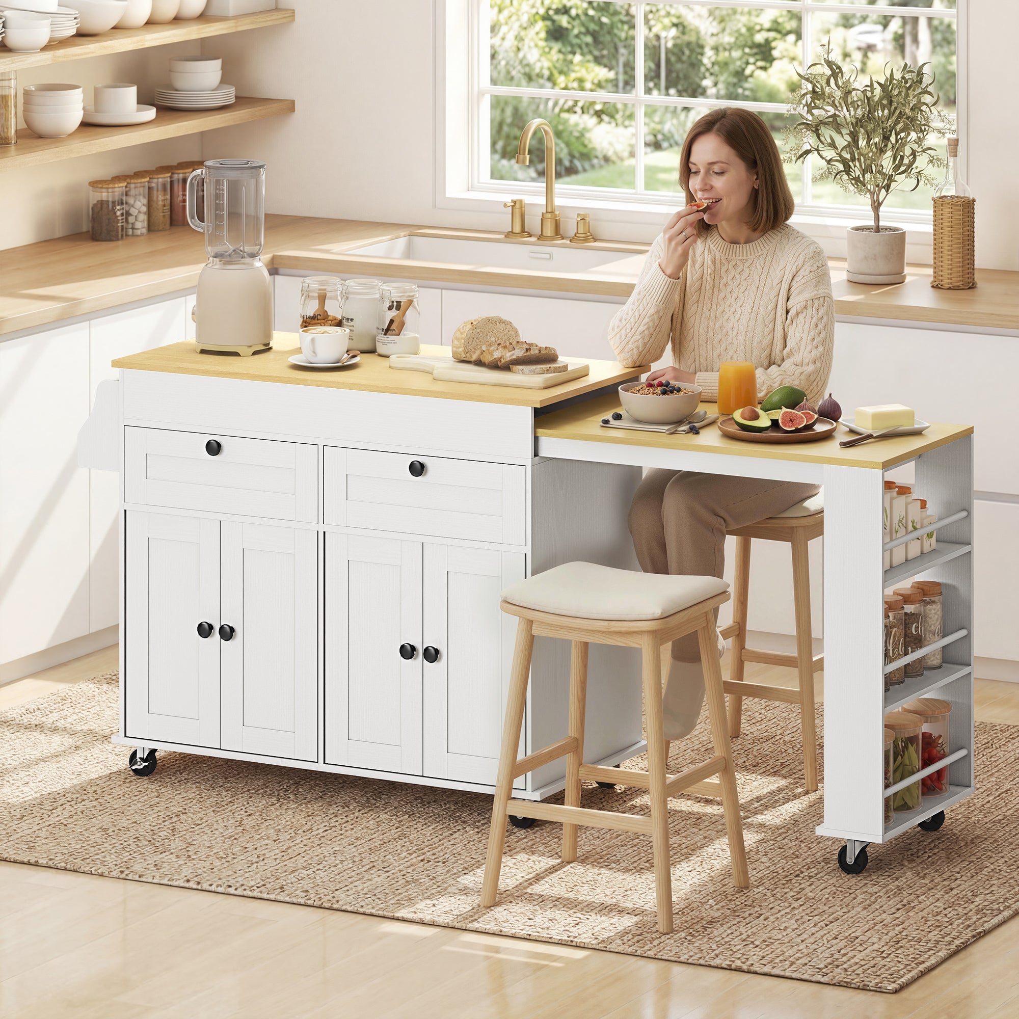 Îlot Central Cuisine avec Plateau Extensible, Desserte de Cuisine sur Roulettes avec 2 Tiroirs, 4 Portes, Porte-Serviettes et Porte-Épices, Style Rustique,127,2-189,2 x 50 x 87,8 cm, Blanc