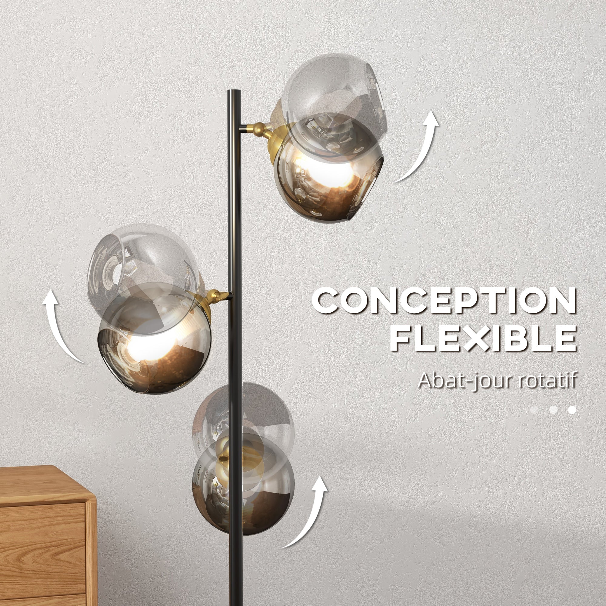Lampadaire sur pied salon en métal avec 3 abat-jours globe métal chromé 40W Ø 36 x 162H cm noir et gris