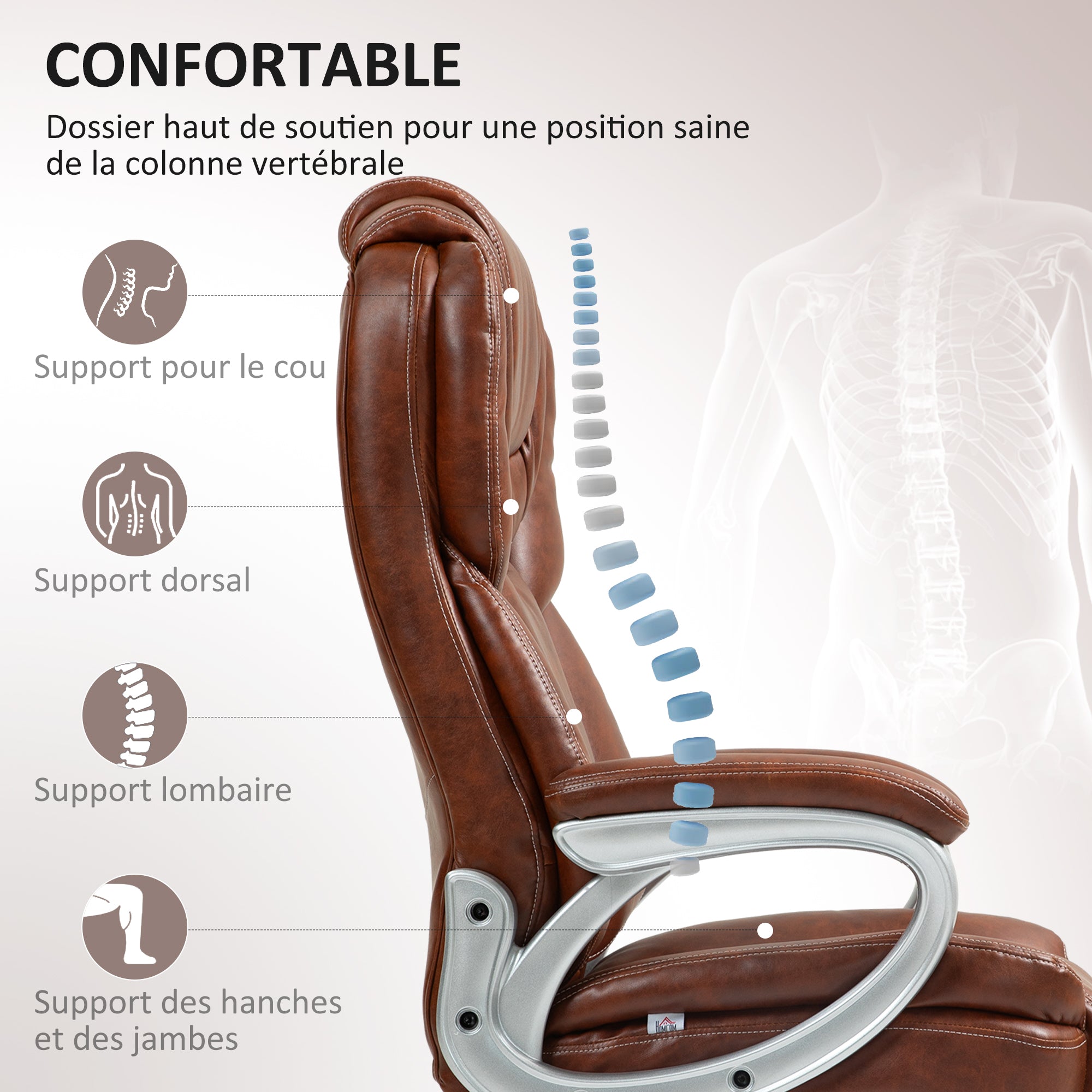 Chaise de bureau, fauteuil de bureau, siège d'ordinateur, avec fonction bascule, dossier haut, roulettes pivotantes 360°, hauteur réglable, marron