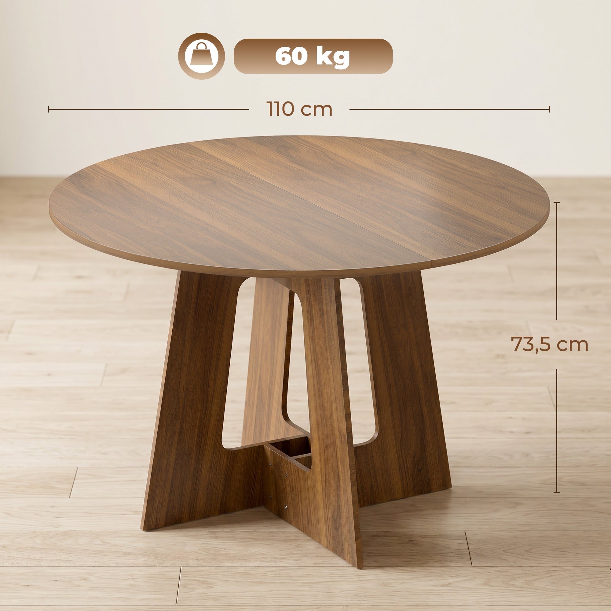 Table à manger ronde pour 4 personnes, Ø 110 x 73,5 cm, table de cuisine avec base croisée, style rustique, pour salon, salle à manger, marron
