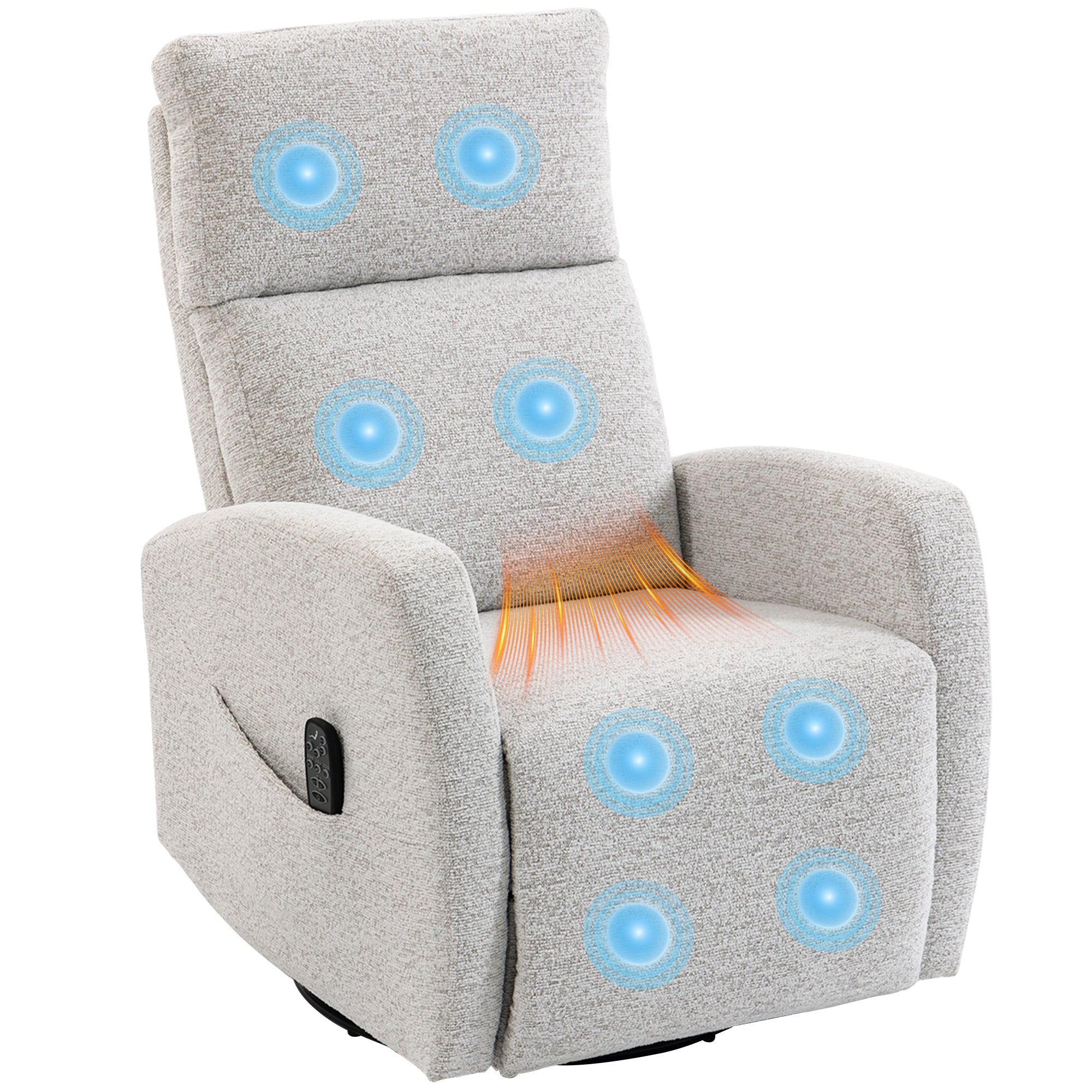 Fauteuil inclinable de massage et chauffage, fauteuil de relaxation en chenille, dossier réglable, pivotant 360°, poches latérales, télécommande, charge 150 kg, pour salon, chambre, crème