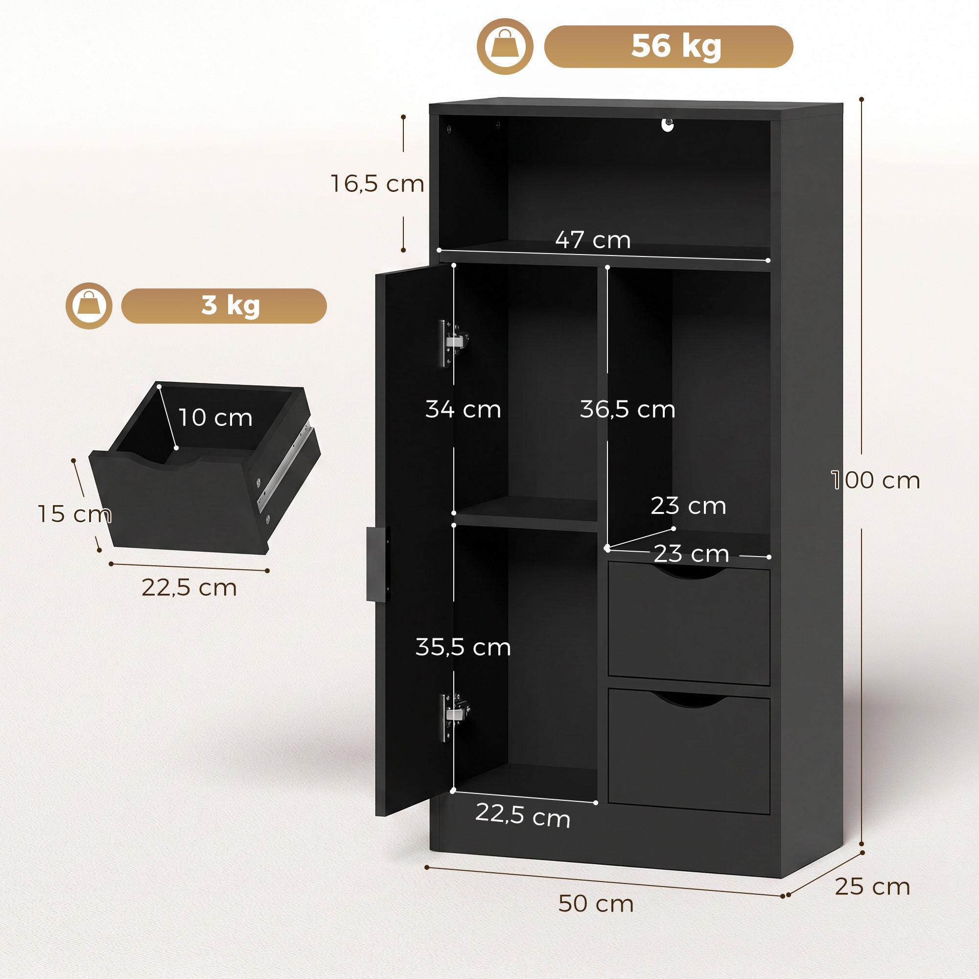 Meuble de salle de bain, meuble de rangement étroit avec 2 tiroirs, 1 porte, 2 compartiments ouverts et étagère réglable, armoire salle de bain, salon, chambre, 50 x 25 x 100 cm, noir
