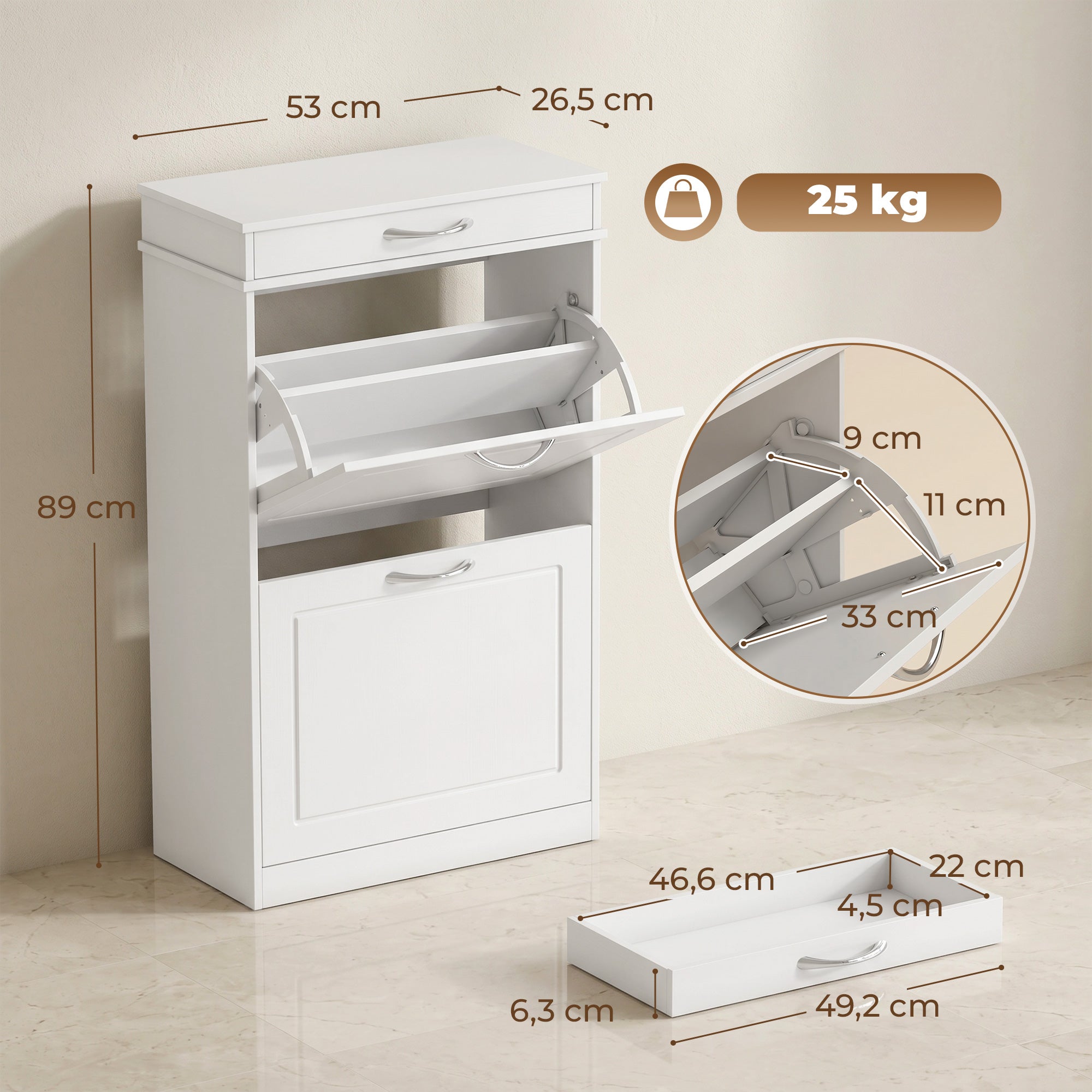 Meuble chaussure 8 paires, armoire à chaussures étroit avec tiroir et 2 portes abattants et étagère réglable, meuble d'entrée et couloir, 53 x 26,5 x 89 cm, blanc