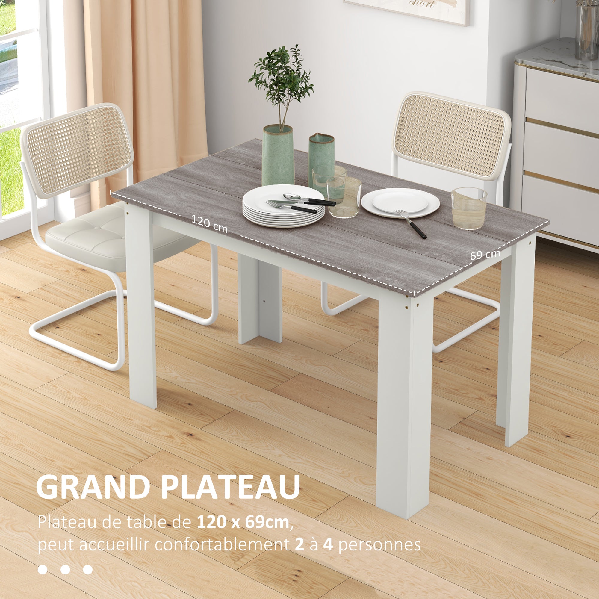 Table à manger rectangulaire pour 4 à 6 personnes, table de cuisine, 120 x 69 x 75 cm, style moderne, pieds triangulaires plus stable, gris