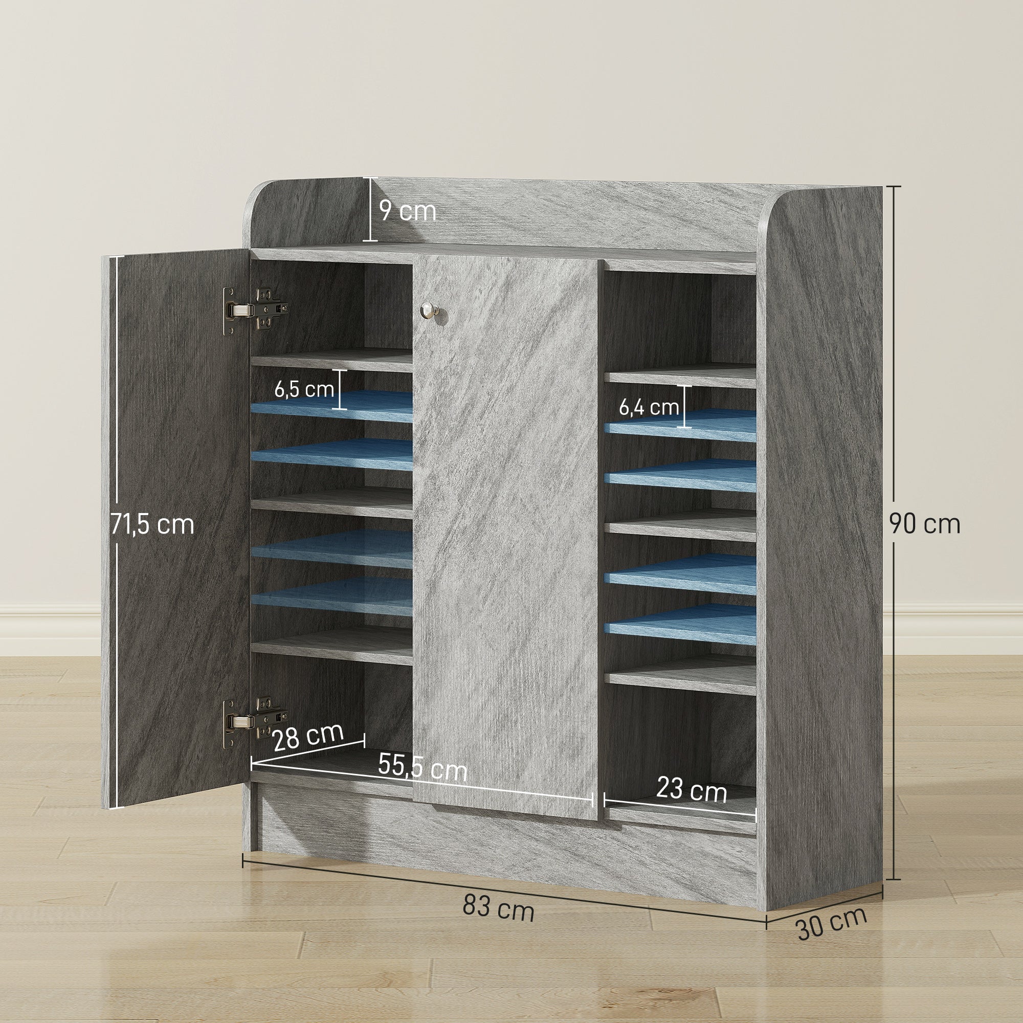 Meuble de rangement à chaussures pour entrée 12 paires - armoire à chaussures avec 4 compartiments ouverts et placard double porte - étagère réglable - 83L x 30l x 90H cm - gris