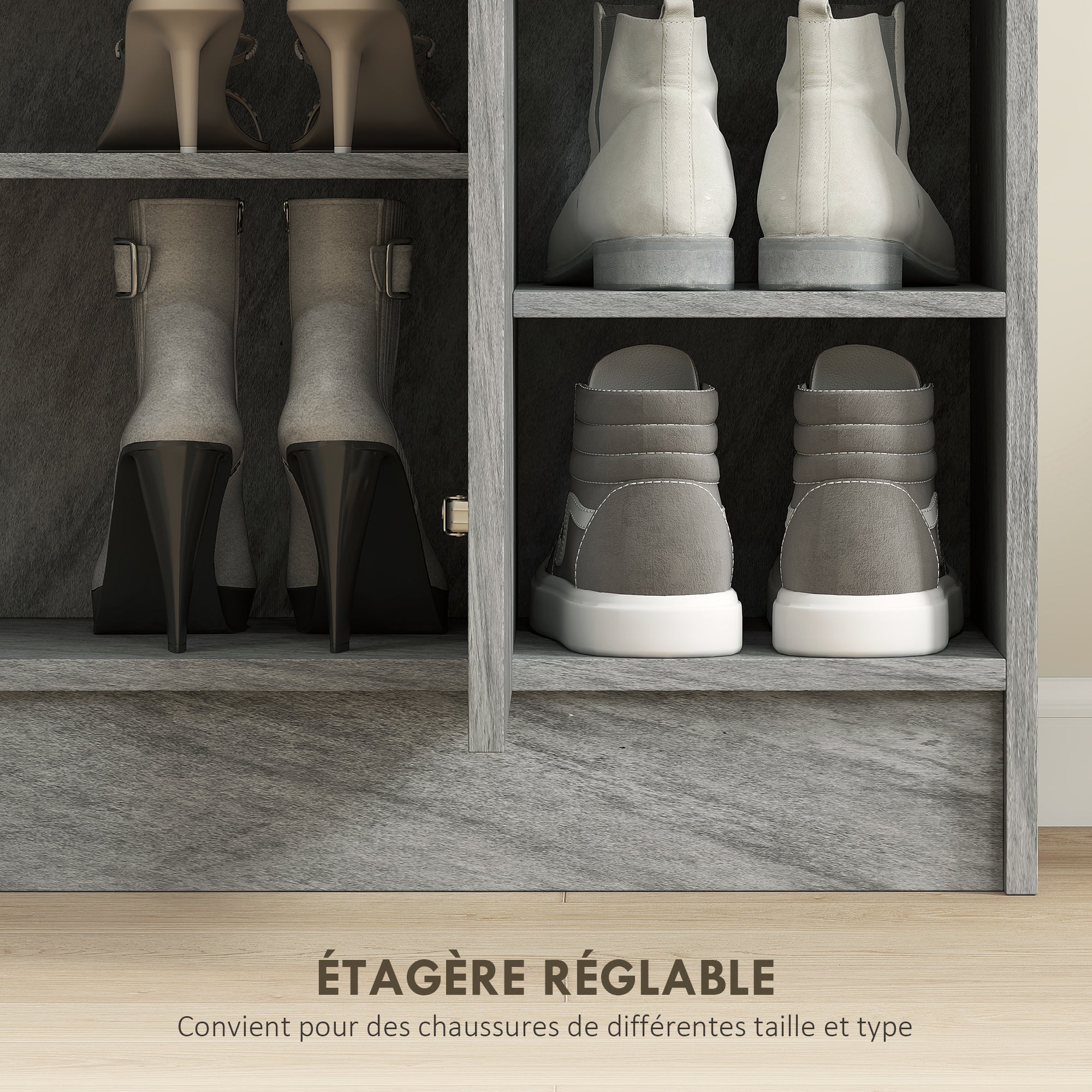 Meuble de rangement à chaussures pour entrée 12 paires - armoire à chaussures avec 4 compartiments ouverts et placard double porte - étagère réglable - 83L x 30l x 90H cm - gris