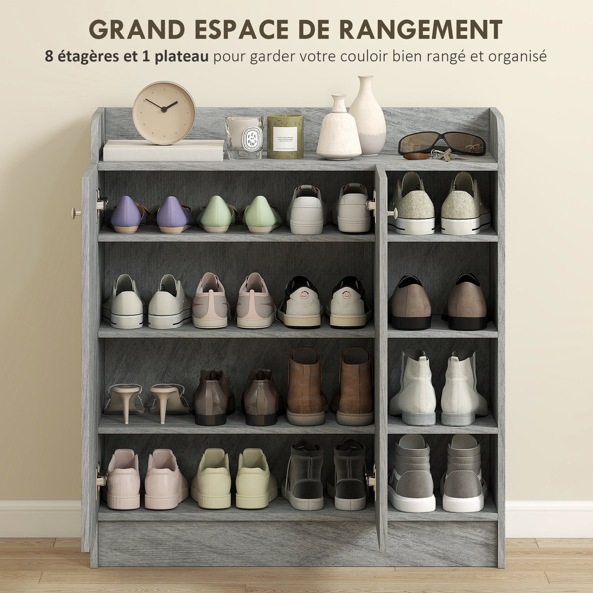 Meuble de rangement à chaussures pour entrée 12 paires - armoire à chaussures avec 4 compartiments ouverts et placard double porte - étagère réglable - 83L x 30l x 90H cm - gris