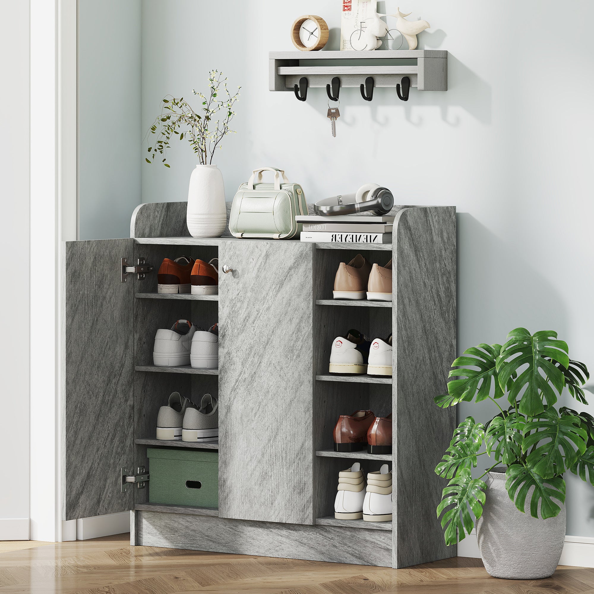Meuble de rangement à chaussures pour entrée 12 paires - armoire à chaussures avec 4 compartiments ouverts et placard double porte - étagère réglable - 83L x 30l x 90H cm - gris