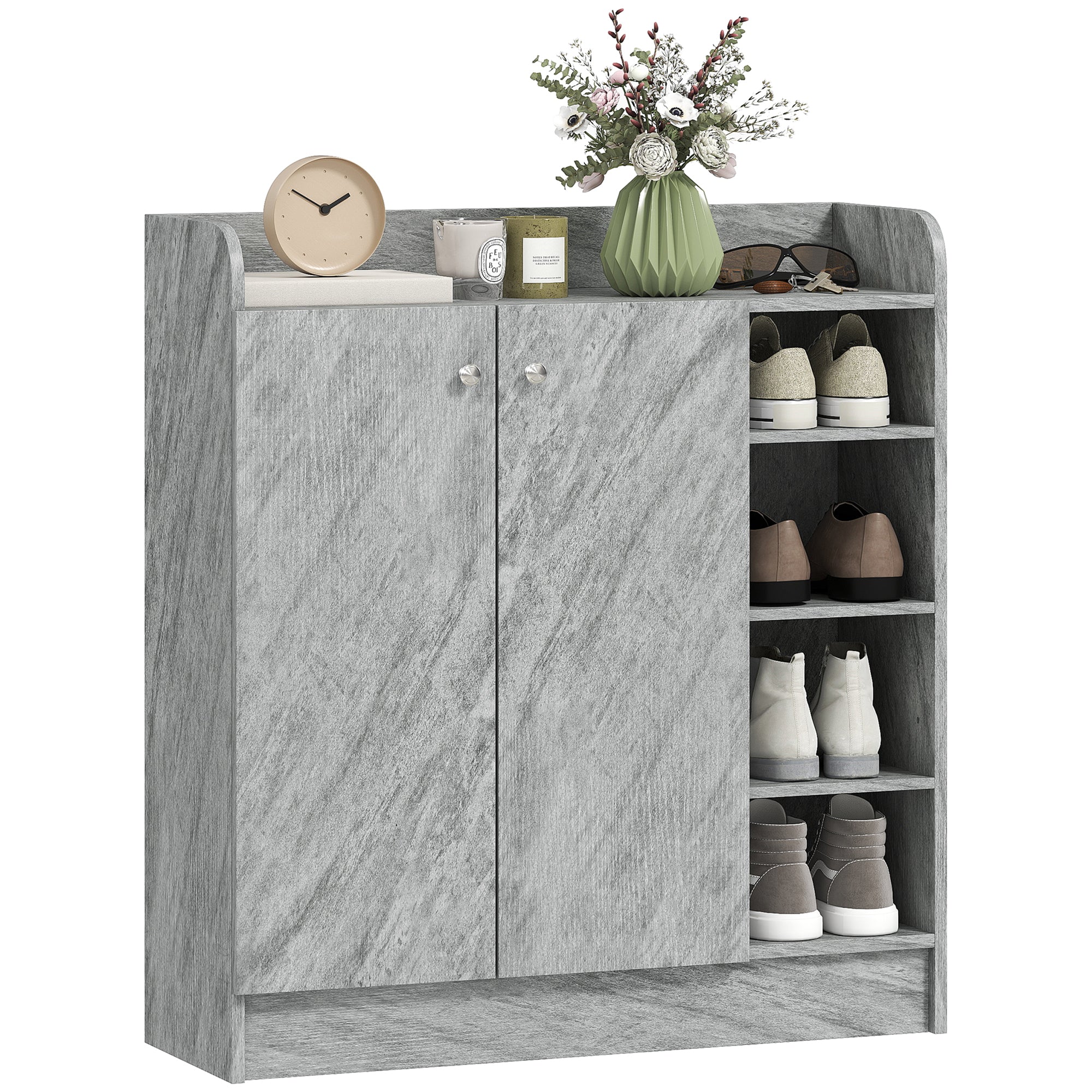 Meuble de rangement à chaussures pour entrée 12 paires - armoire à chaussures avec 4 compartiments ouverts et placard double porte - étagère réglable - 83L x 30l x 90H cm - gris