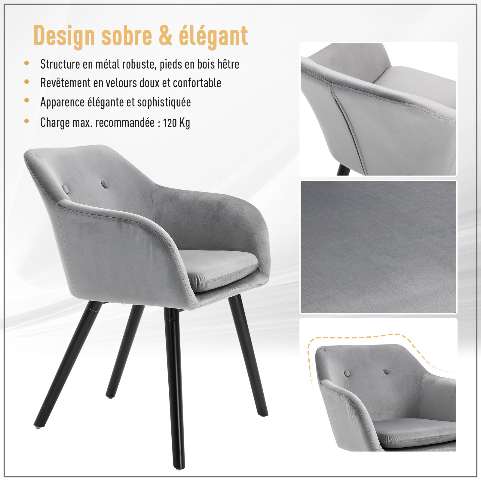 Chaises de salle à manger chaise de cuisine chaises de salon scandinave - Lot de 2 - Pieds effilés Bois Noir - Velours Gris