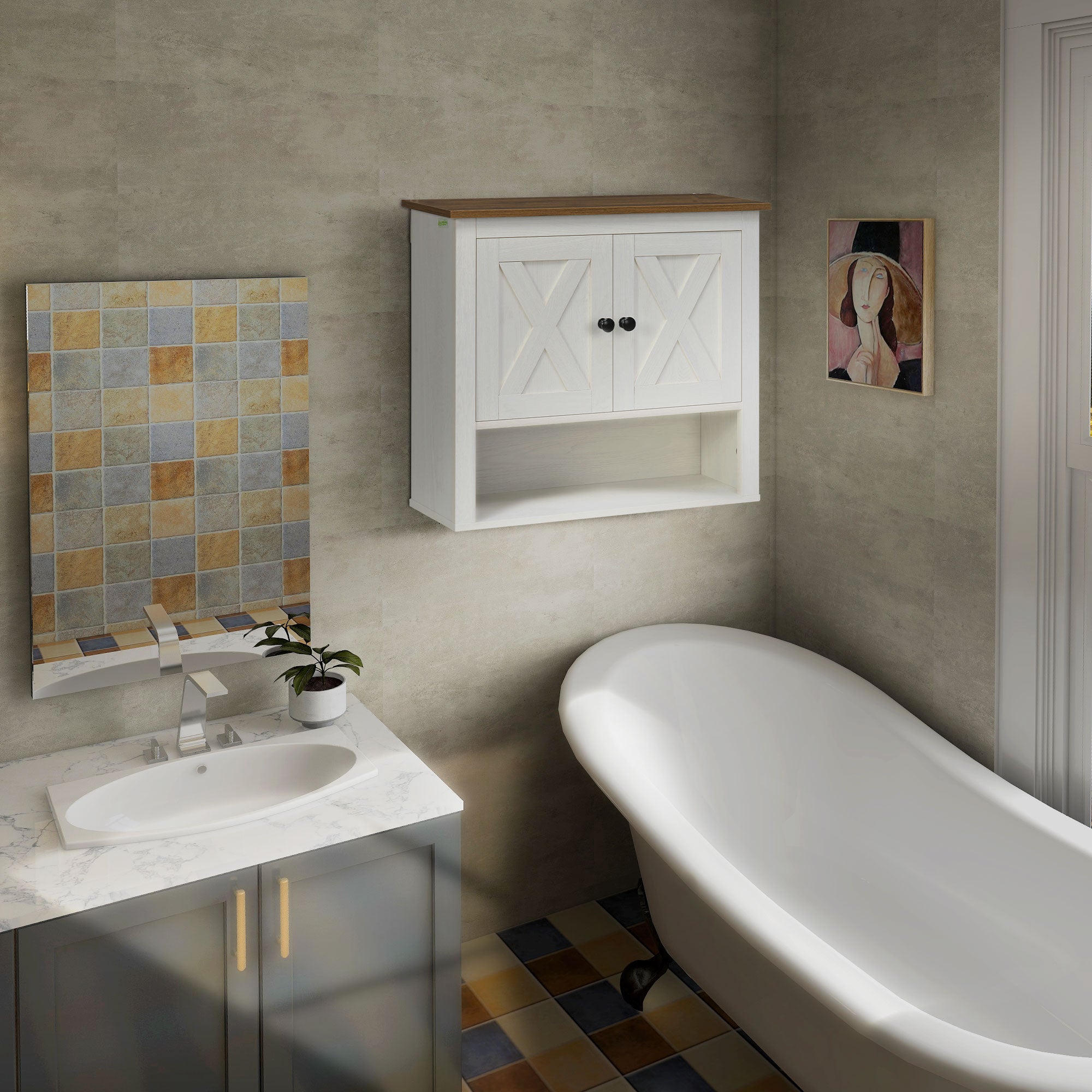 Armoire murale, armoire salle de bain, meuble wc suspendu avec placard à portess et compartiment ouvert, meuble haut salle de bain dim. 60 x 19,5 x 52,5 cm, blanc