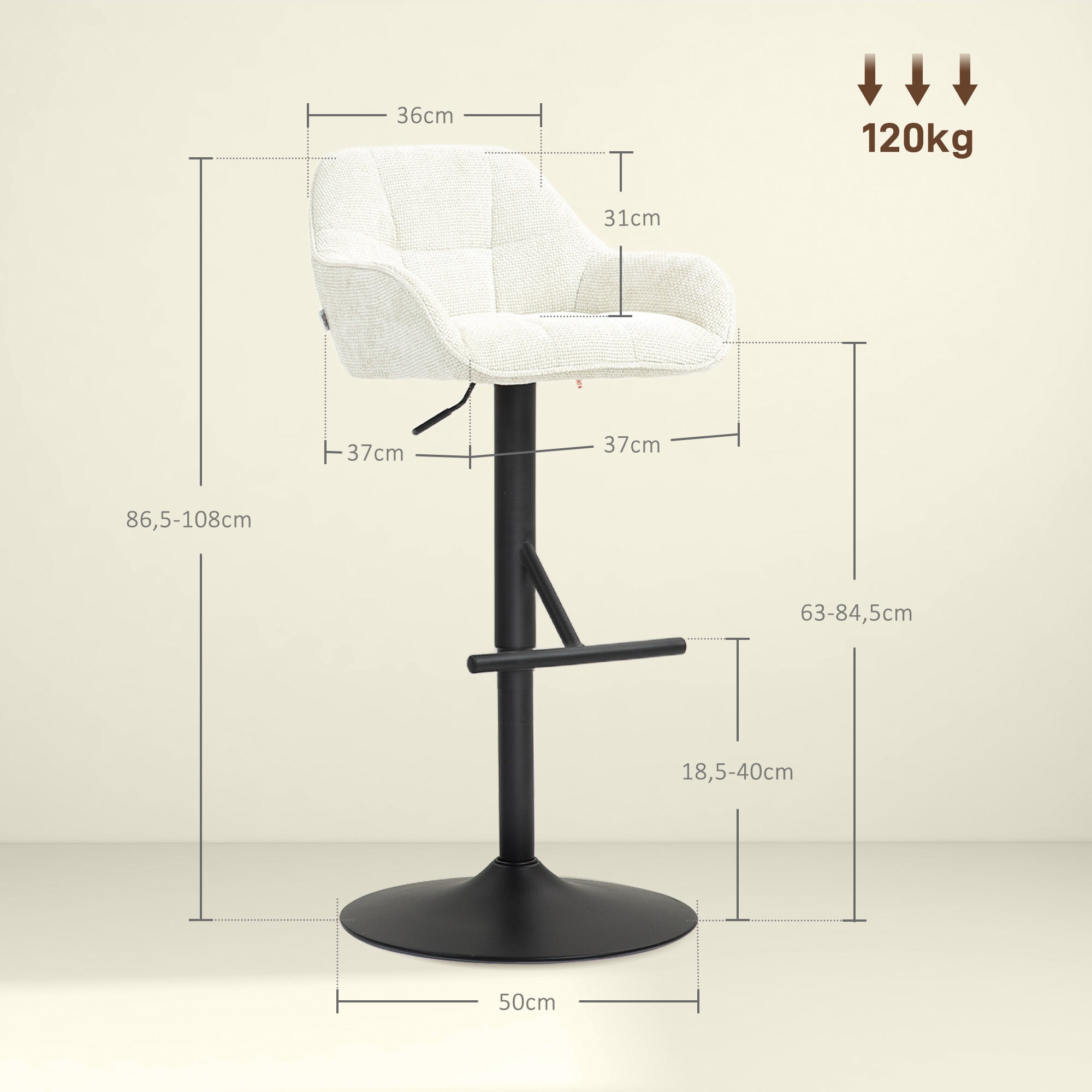 Lot de 2 tabourets de bar, chaises de bar, hauteur réglable, assise pivotante, avec dossier et repose-pieds, tissu effet lin et base en acier, pour cuisine, salle à manger, crème