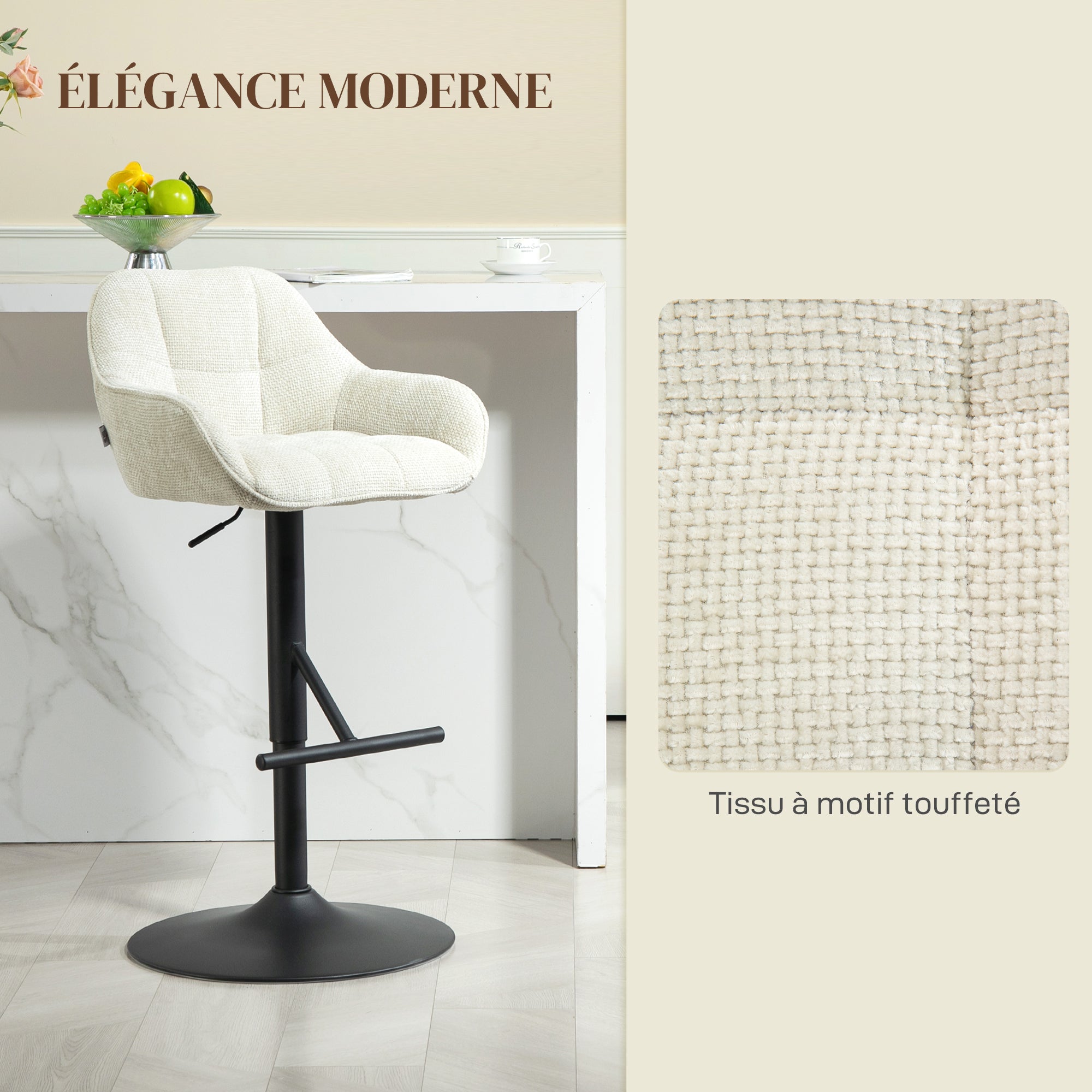 Lot de 2 tabourets de bar, chaises de bar, hauteur réglable, assise pivotante, avec dossier et repose-pieds, tissu effet lin et base en acier, pour cuisine, salle à manger, crème